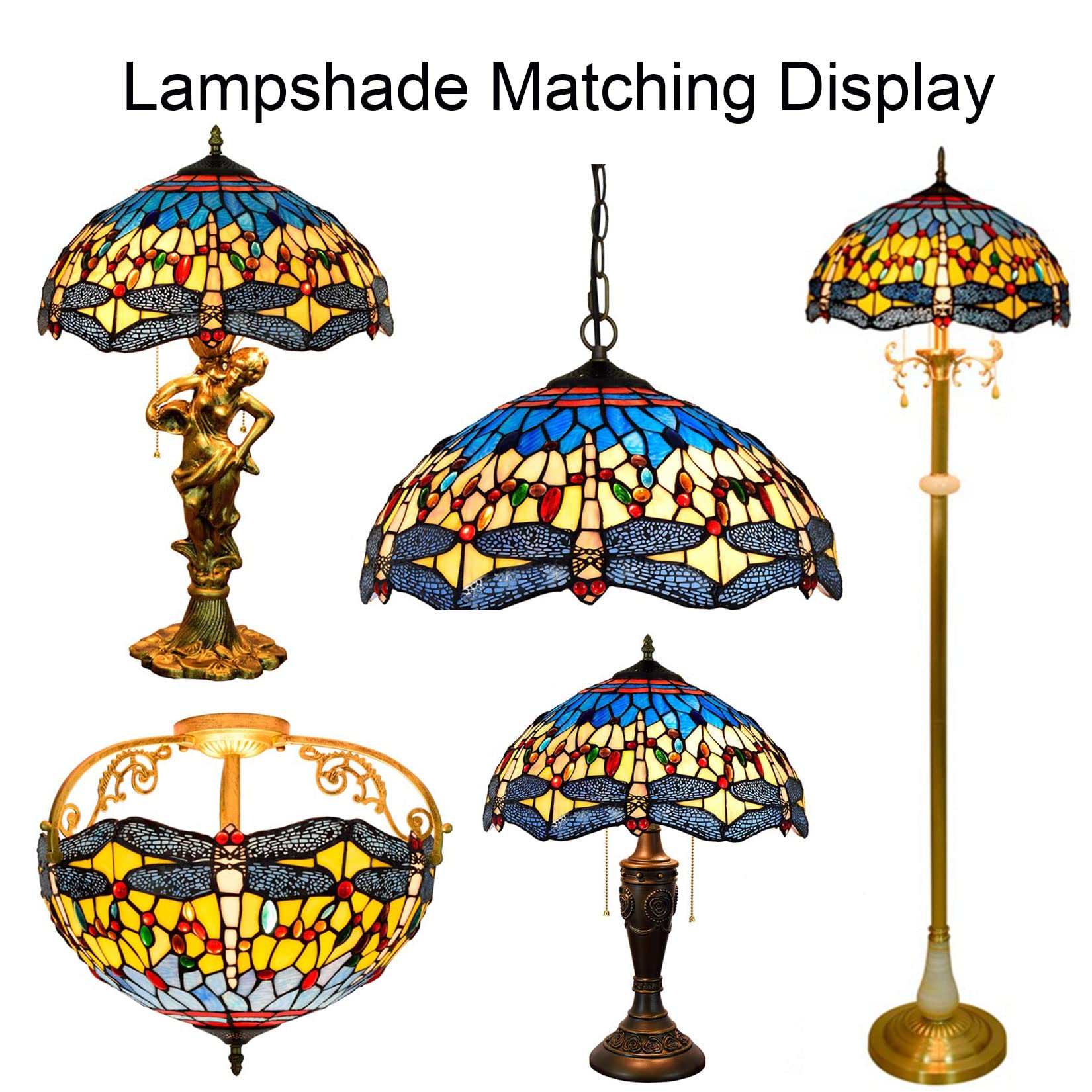 Zamiennik klosza lampy Tiffany, 40 x 23 cm, witraż, tylko z nasadką, pasuje do lampy stołowej, lampy podłogowej, lampy wiszącej, lampy sufitowej, lampy domowej, kwiatu wiśni, ważki 3