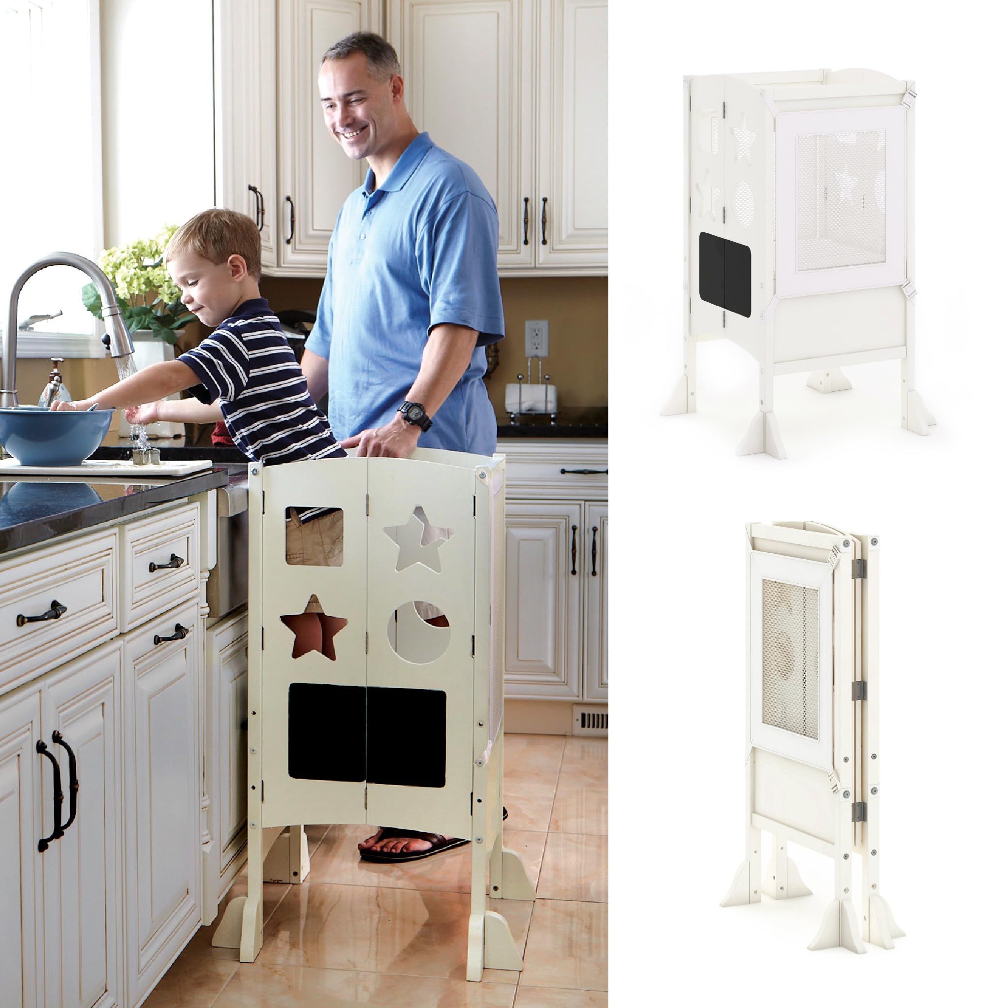 GuidecraftClassic Kitchen Helper® Foldable Toddler Tower Step Stool - Ivory: Adjustable Toddler Standing Tower w/Safety Net & Non-Slip Mat | Wooden Cooking Stool & Learning Furniture for Kids