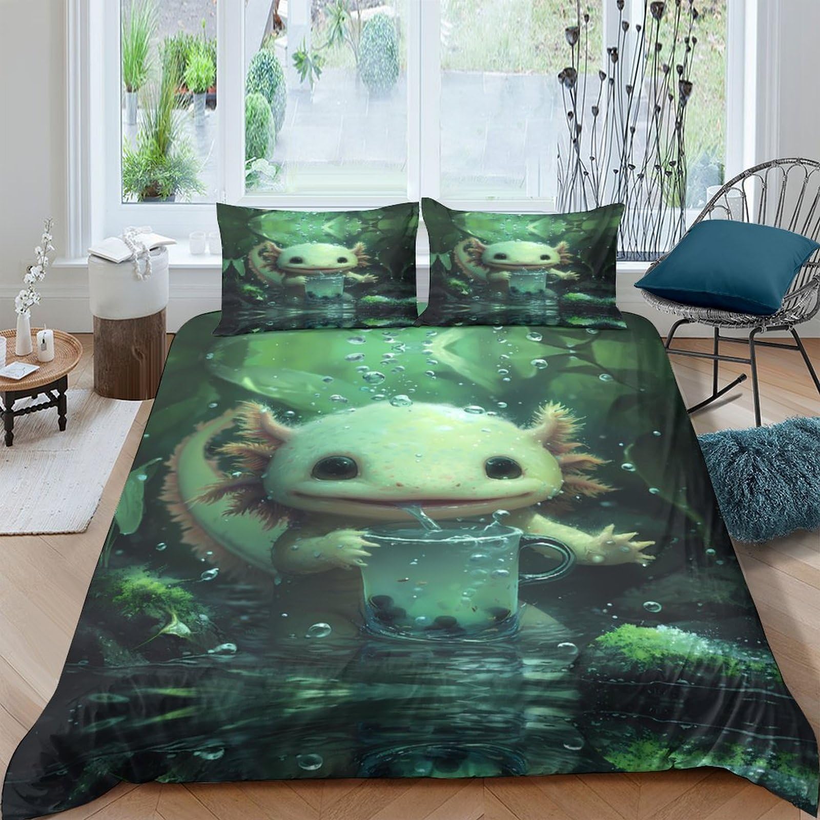 Ctjqhvkz Style-8 3D Printed Green Forest Axolotl Fitted Sheet Microfiber Soft Bed Cover For Bedroom Dorm Mattress Decor Protection Single（135X200cm）