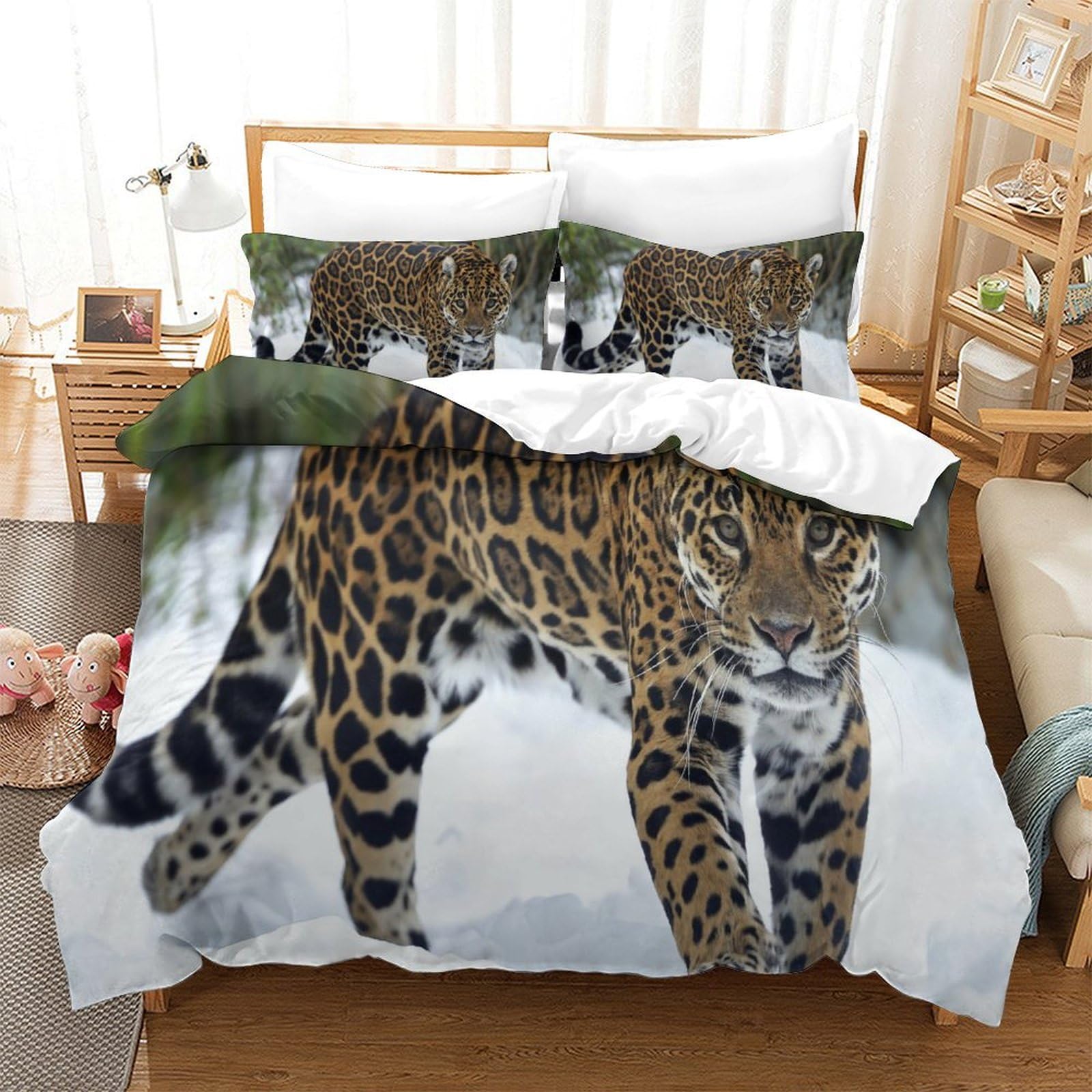 P1s9u7w5y Jaguar Wildlife Pattern 3D Printed Leopard Duvet Cover Set 3Pcs Microfiber Jungle Bedding Set Double（200X200cm）