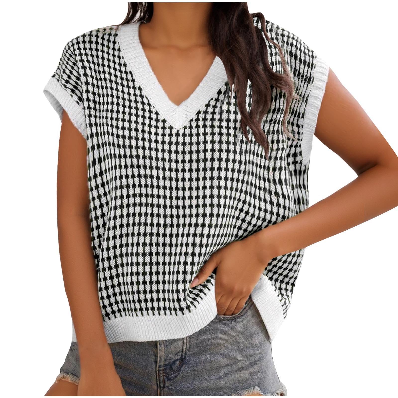 Sweater Vest for Women V Neck Cap Sleeve Summer Fall Casual Plaid Print Tank Tops Pullover Fashion Loose