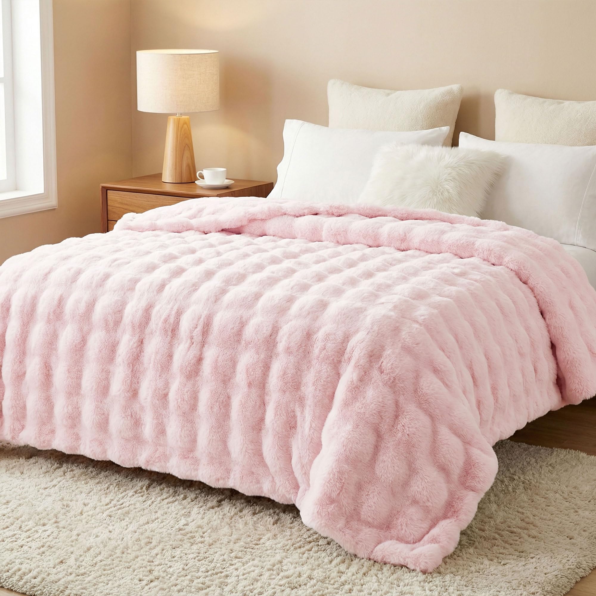 DREAMNINE Bubble Faux Rabbit Fur Throw Blanket, 200 x 230 cm, Pink
