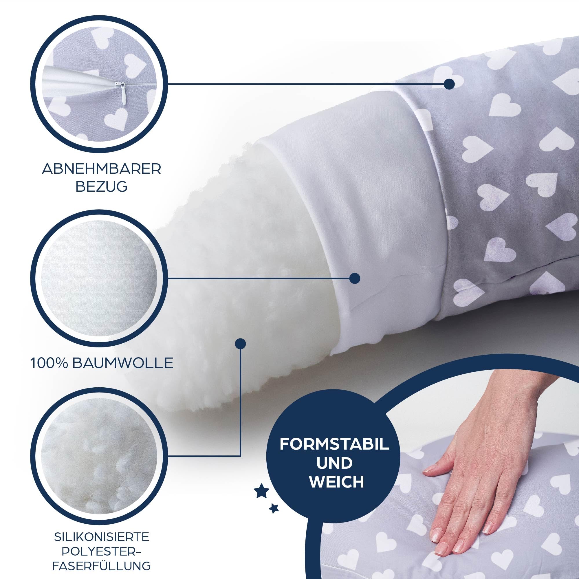 Niimo® XXL+ Seitenschläferkissen & Schwangerschaftskissen – 3-in-1 Stillkissen mit Extra-Kissen als Baby-Nest, 100% Baumwolle, Waschbar, Ergonomisch, Lagerungskissen Erwachsene (200 x 70 cm)