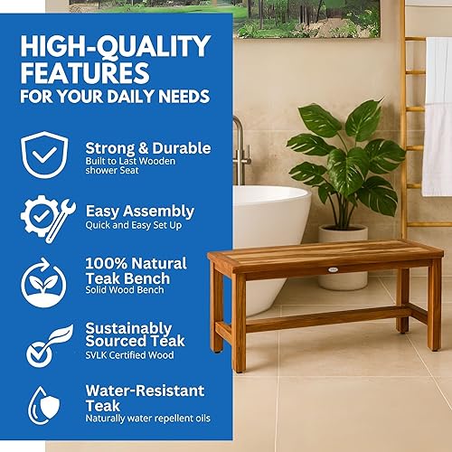 Miniatura 3 de EcoDecors Eleganto - Banco de ducha de teca con asiento de madera, banco de jardín de madera de teca natural de 47 pulgadas, banco de ducha de