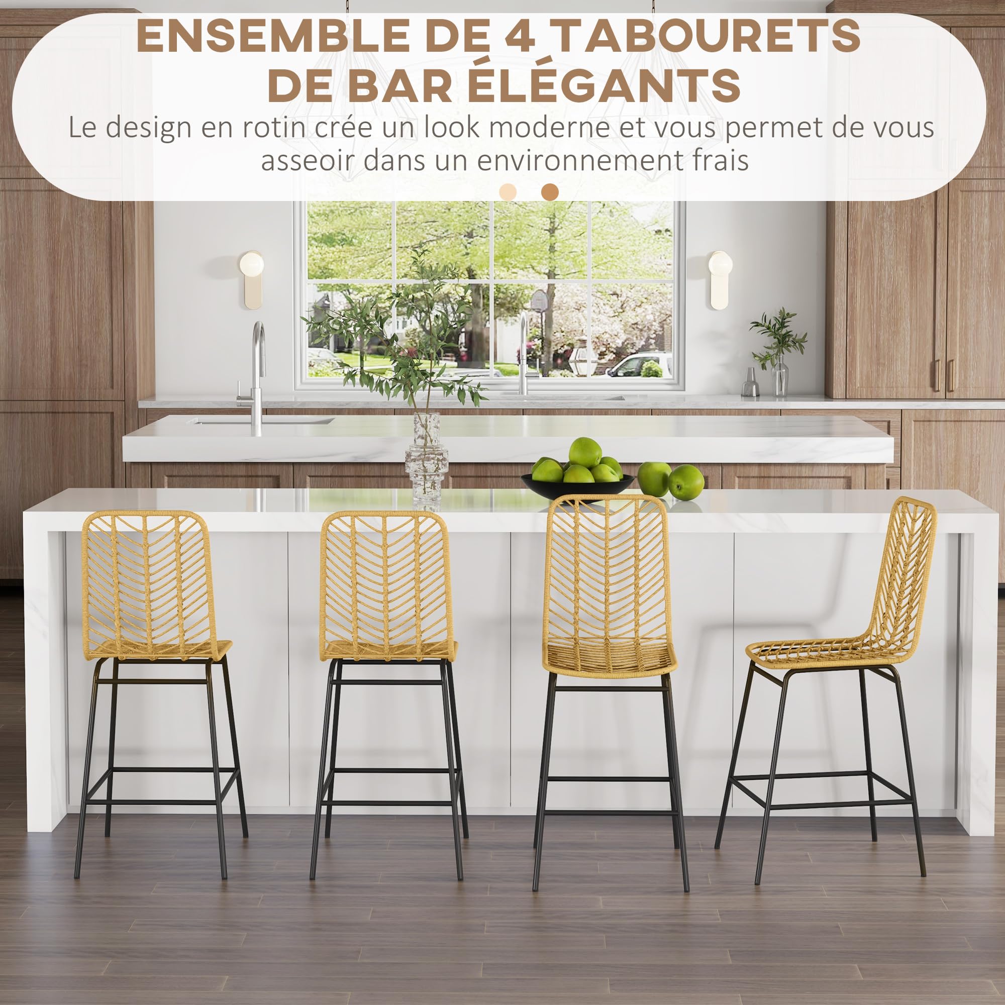 HOMCOM Set di 4 sgabelli da bar, sedie da bar, seduta 66 ore, schienale in cannage e poggiapiedi, telaio in acciaio, design bohemien, sedie alte cucina, sala da pranzo, controsoffitto, giallo