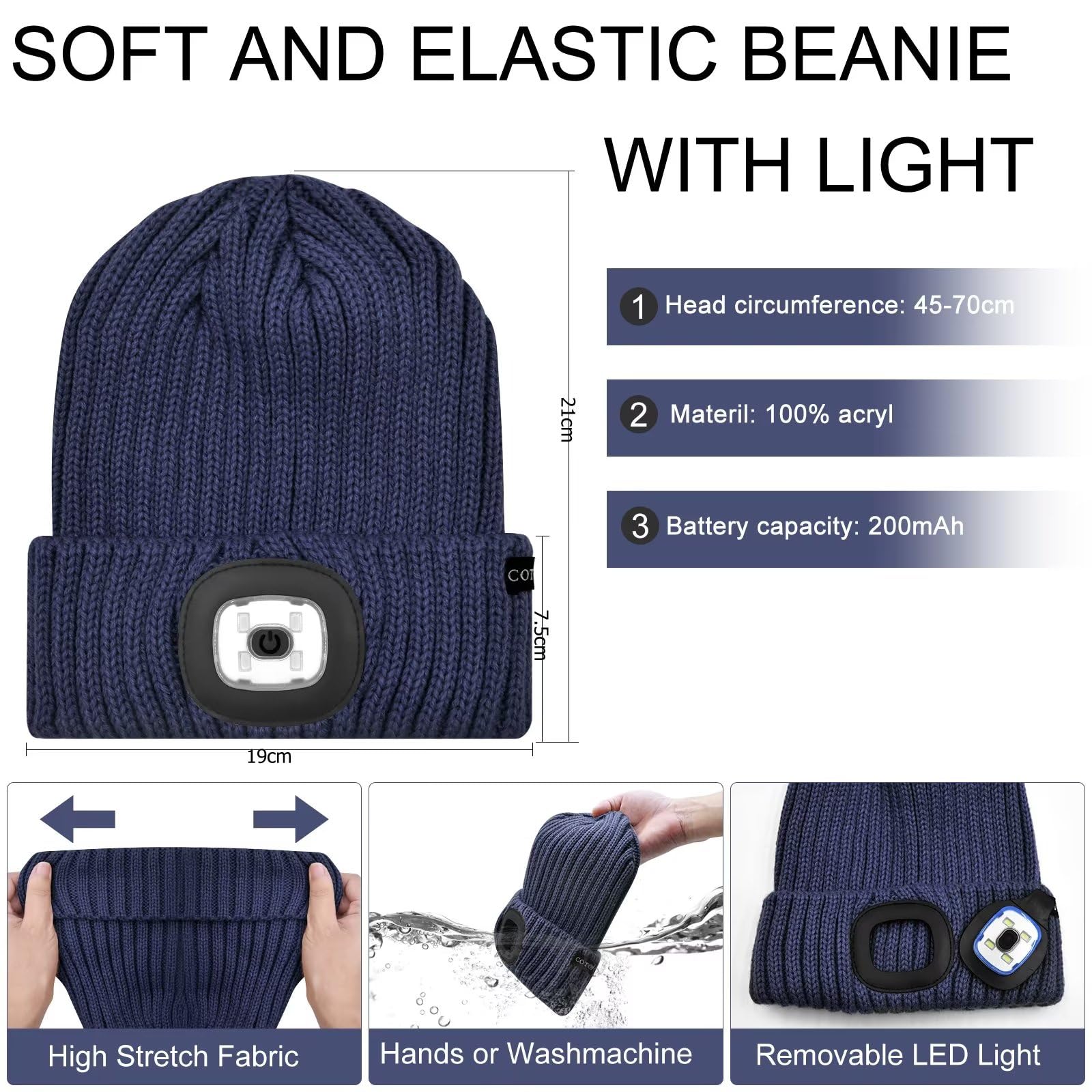 COTOP Cappello Uomo Illuminato Berretto 4 LED, Cappello con Luce LED Cappello Uomo Donna Invernali Berretto a 3 Livelli di luminosit LED Beanie cap per Alpinismo Campeggio