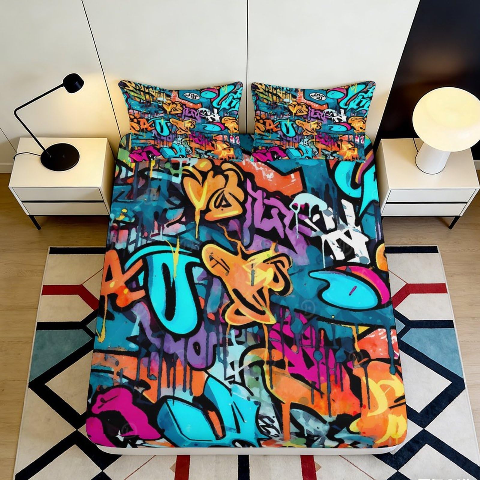 3D Printed Graffiti Art Fitted Sheet Microfiber Anti-Slip Urban Street Mattress Cover for Bedroom Dorm Decor 90x200x25cm