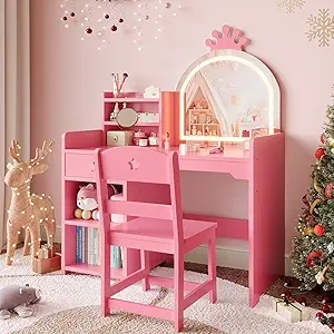 Garvee Kids Vanity with Lights, 2 in 1 Princess Makeup Vanity Desk Toddler Vanity Table & Chair Set with Open Bookshelf, Storage Cabinet & Shelves for Little Girls,Pink
