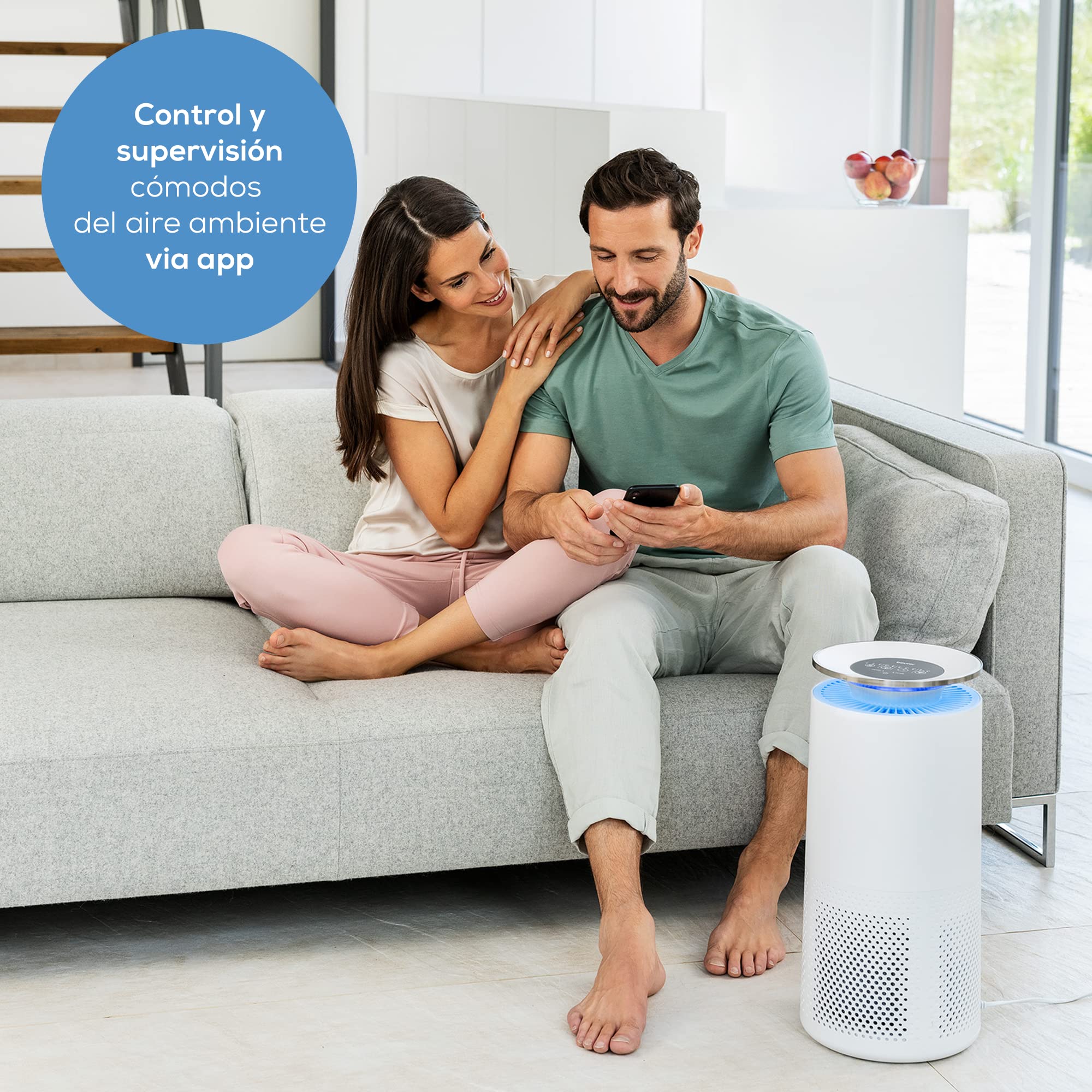 Beurer LR 400 Purificador de aire, control y monitorización del aire de la habitación vía app, sistema de filtro de tres capas y luz ultravioleta conmutable, para habitaciones de hasta 69m²