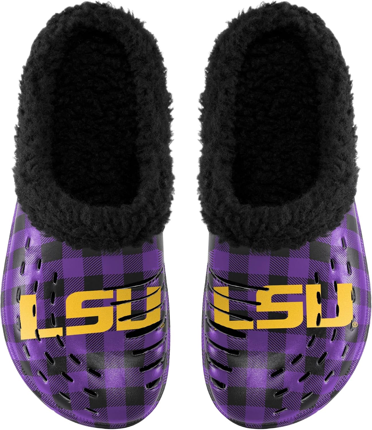 FOCO NCAA Mens NCAA College Team Logo Sherpa Lined Buffalo Check Shoes Slipper Clogs
