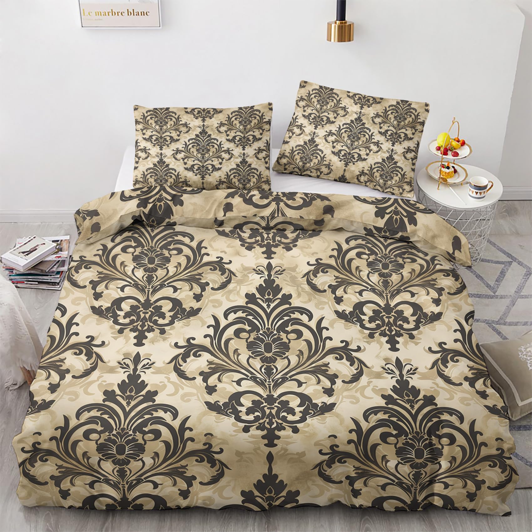 NOGAWA Baroque Damask Emperor Duvet Cover Sets - Ethnic Vintage Boho Bedding Set - Reversible Quilt Cover & 2 Pillowcases with Zip and Ties, Soft and Non Iron Brushed Microfibre Bed Set 290 x 235