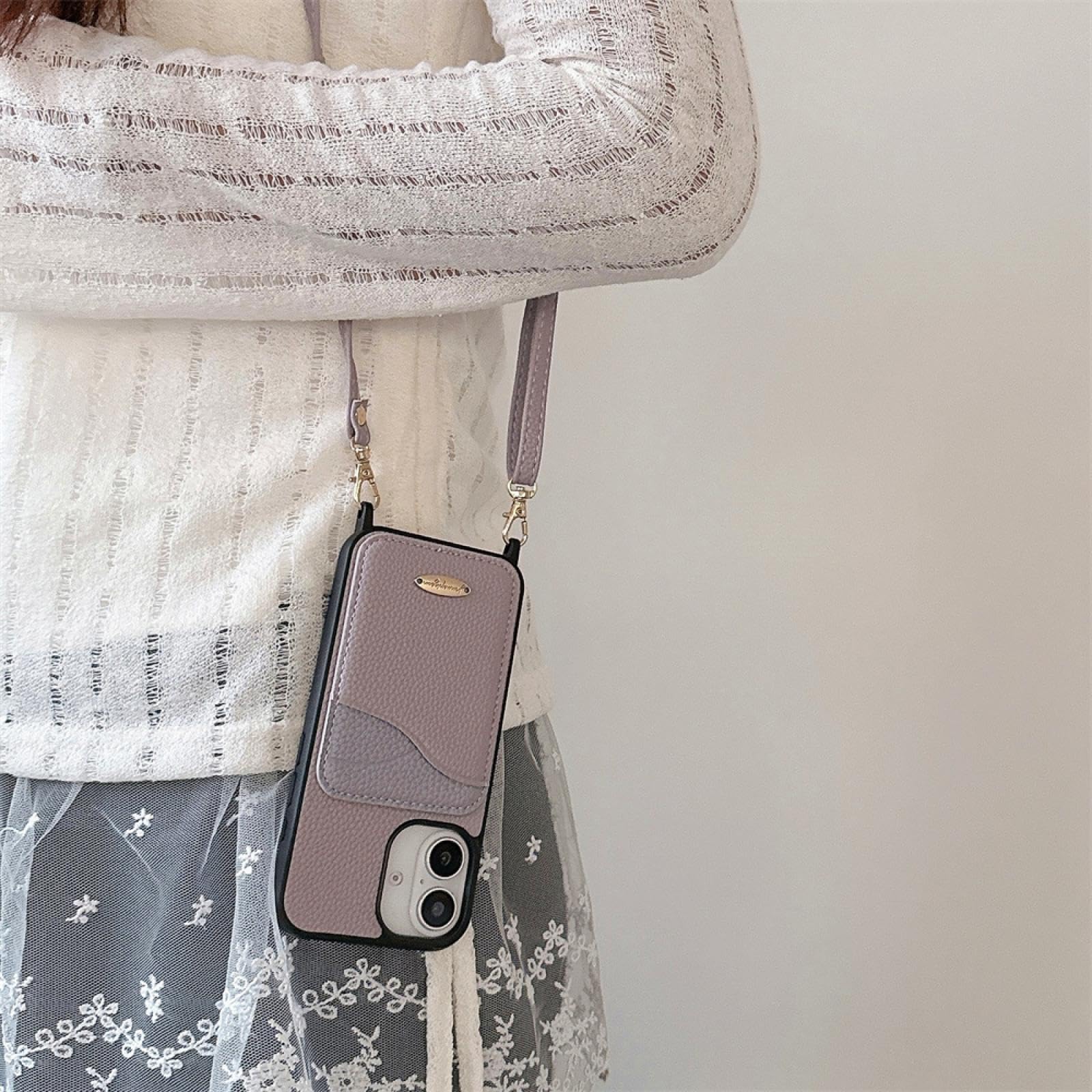 Custodia protettiva in pelle con cordino a tracolla per iPhone 13, con scomparti per carte di credito (per iPhone 13/cachi)