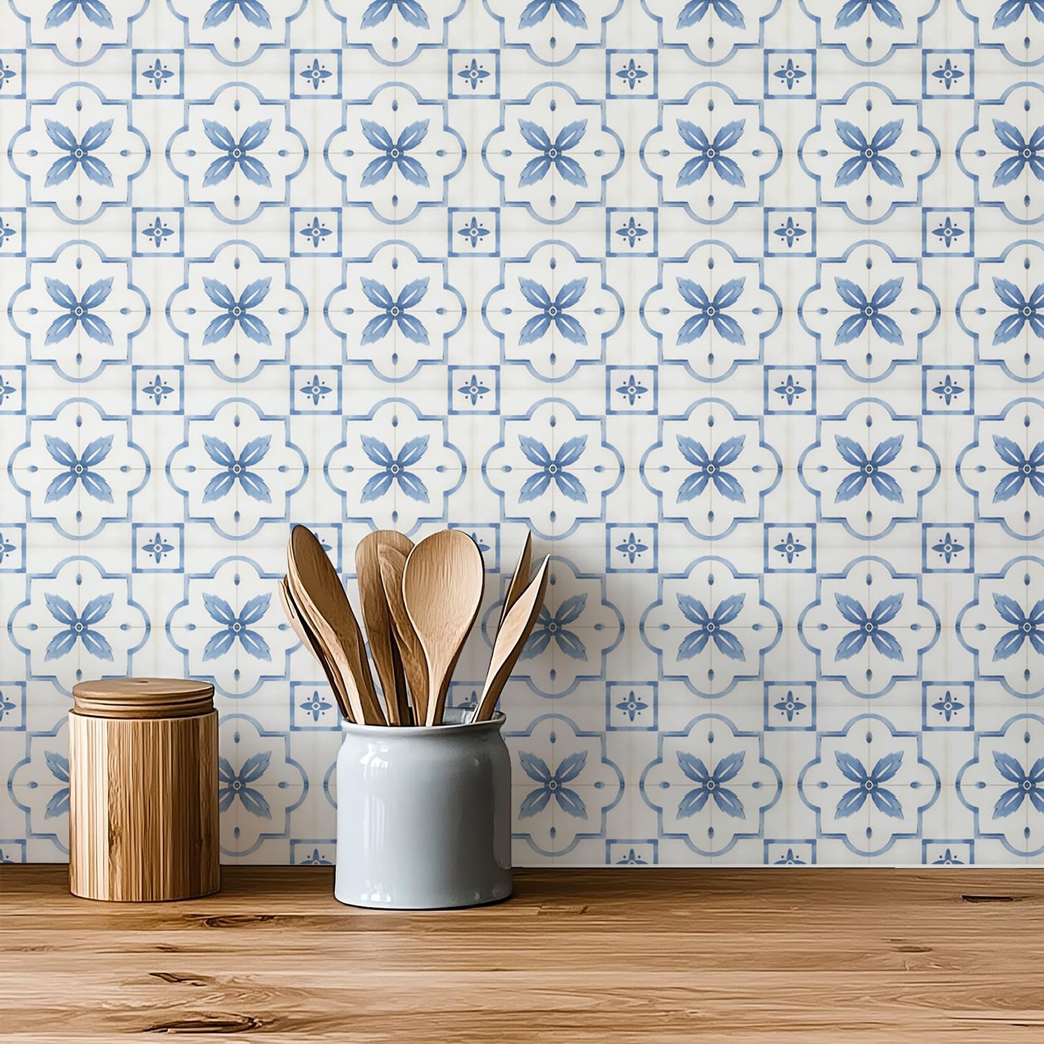 meihea 30 Pack, 4x4 Inch French Country Tile Decals, Light Blue Watercolor Peel and Stick Backsplash, Classic Vinyl for Kitchen Decor
