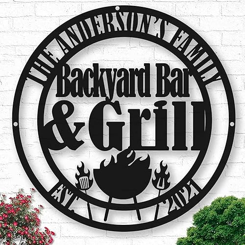 Letrero de metal personalizado para barbacoa, letrero con nombre de bar personalizado para patio trasero, decoración de parrilla al aire libre,