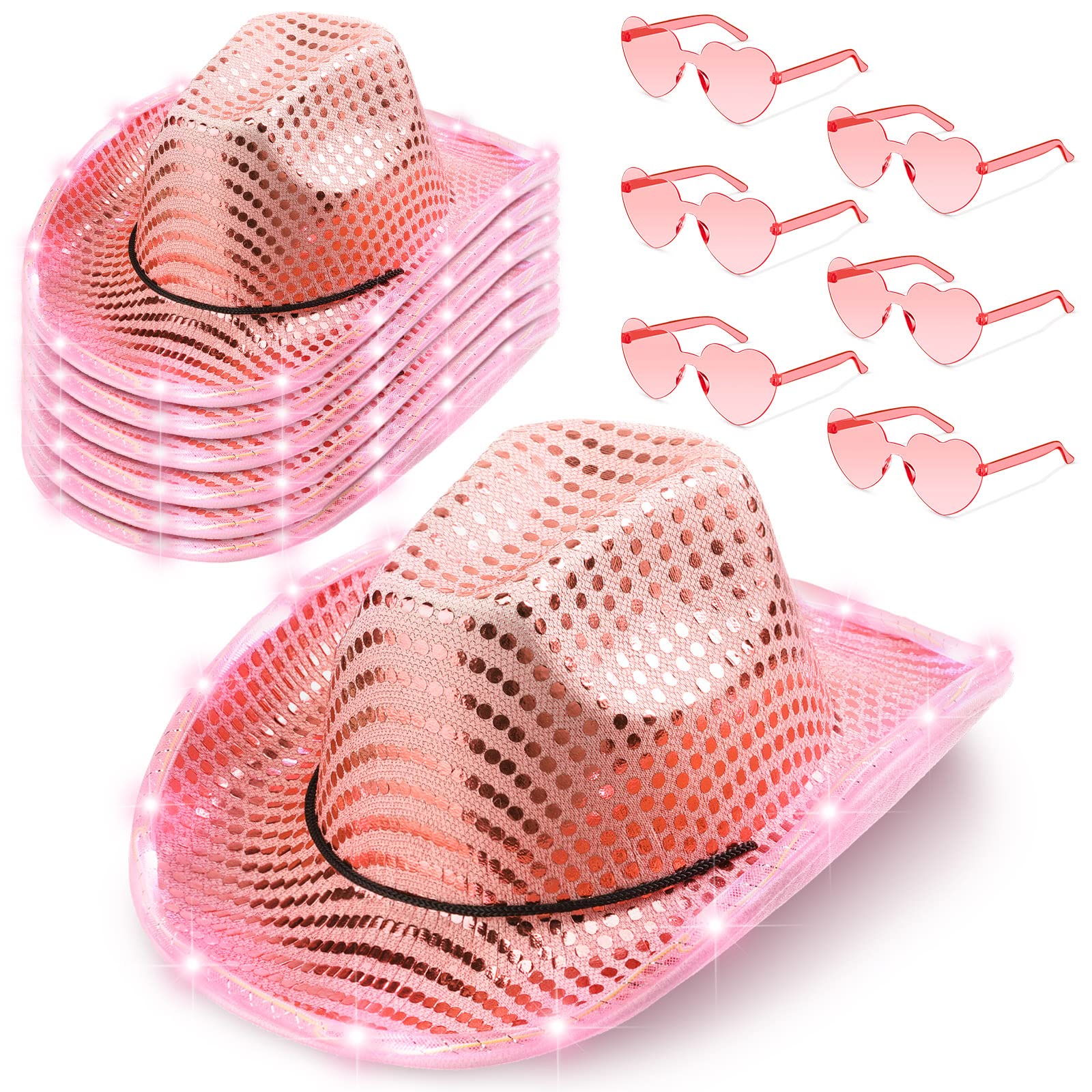 6 Set LED Cowboy Hat Light Up Glitter Cowboy Hat with Sunglasses Sequin Space Cowgirl Hat for Women Men Costume Accessories (Pink)