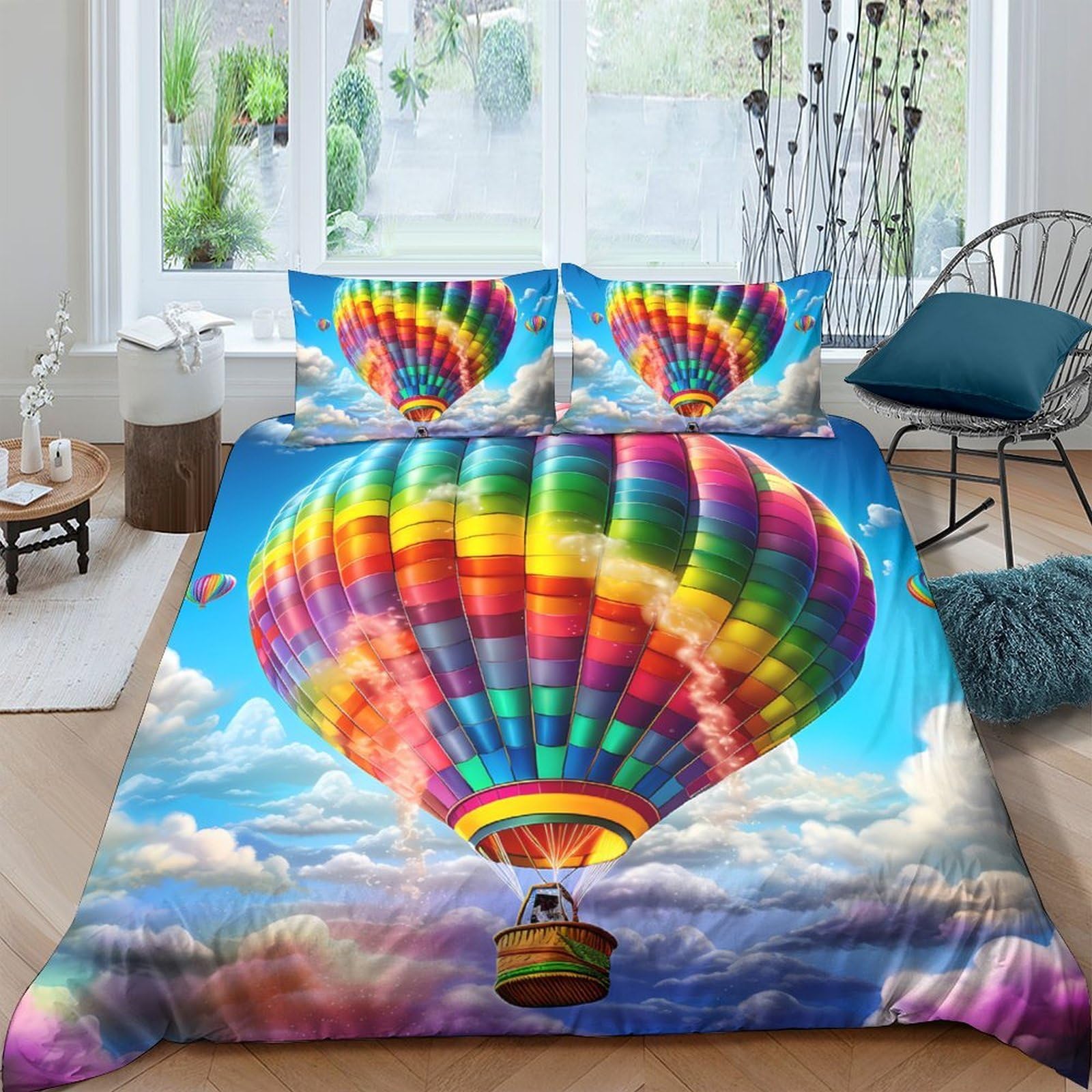 Ctjqhvkz Style-1 3D Printed Rainbow Hot Air Balloon Fitted Sheet Microfiber Soft Colourful Sky Bed Cover For Bedroom Guest Room Decor Single（135X200cm）