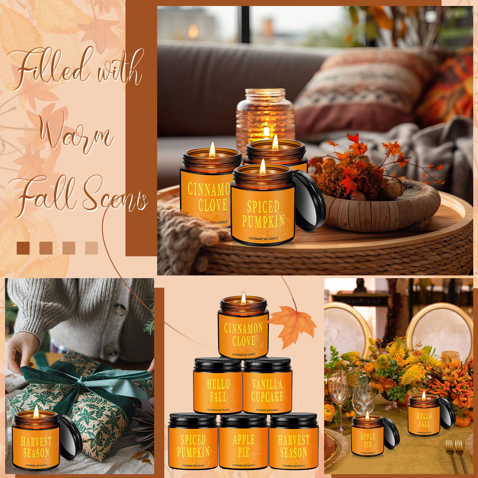 Landhoow 6-teiliges Herbstkerzen-Geschenk-Set für Damen und Herren, Erntedankfest, Soja-Duftkerzen für Zuhause, Aromatherapie, Duft für Herbstferien (Apfelkuchen/Zitronengras/Vanille/Ernte/Kürbis/Zimt