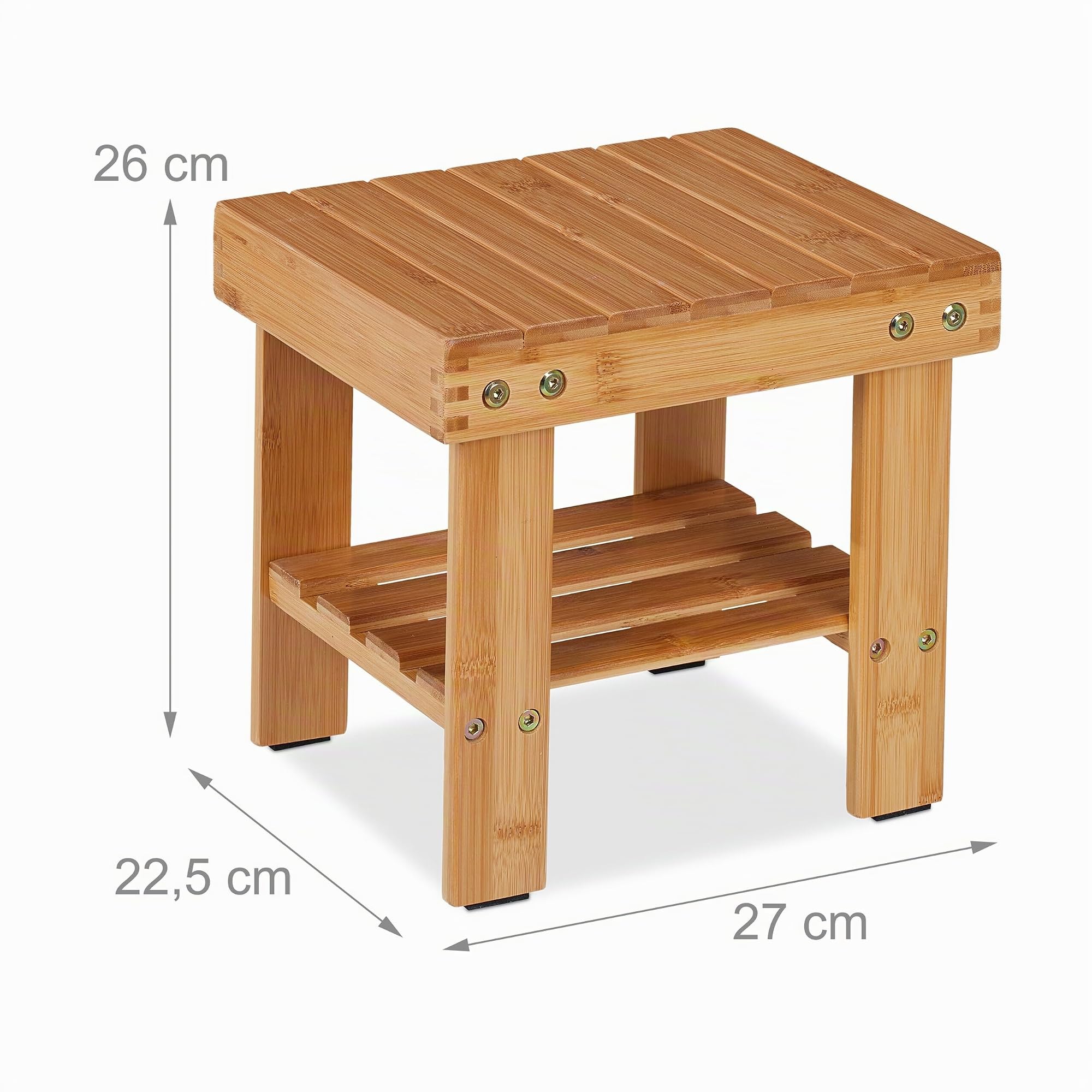Relaxdays Sgabello da Bagno con Ripiano, Mobiletto in bambù, 26 x 27 x 22,5 cm, Sgabellino per Corridoio, Marrone Chiaro