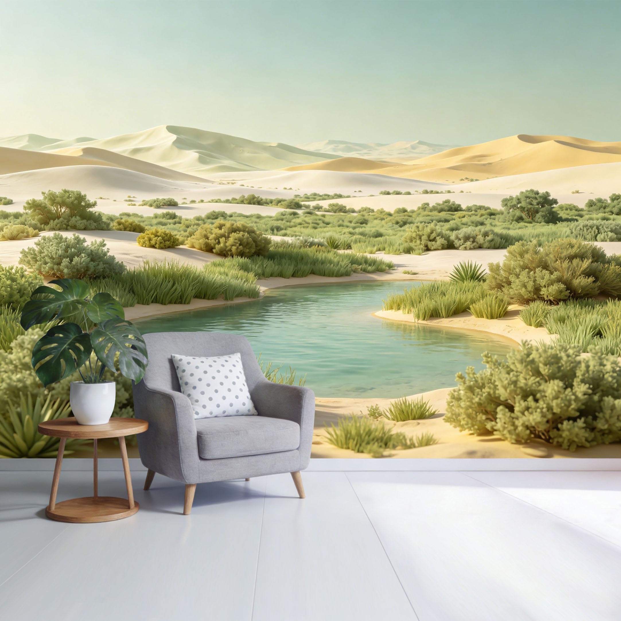 Custom Size Wall Mural Desert Oasis Landscape Green Foliage Sand Dunes Blue Sky Scenic Nature View SelfAdhesive Wall Fabric Removable Wallpaper for Home Office Decor