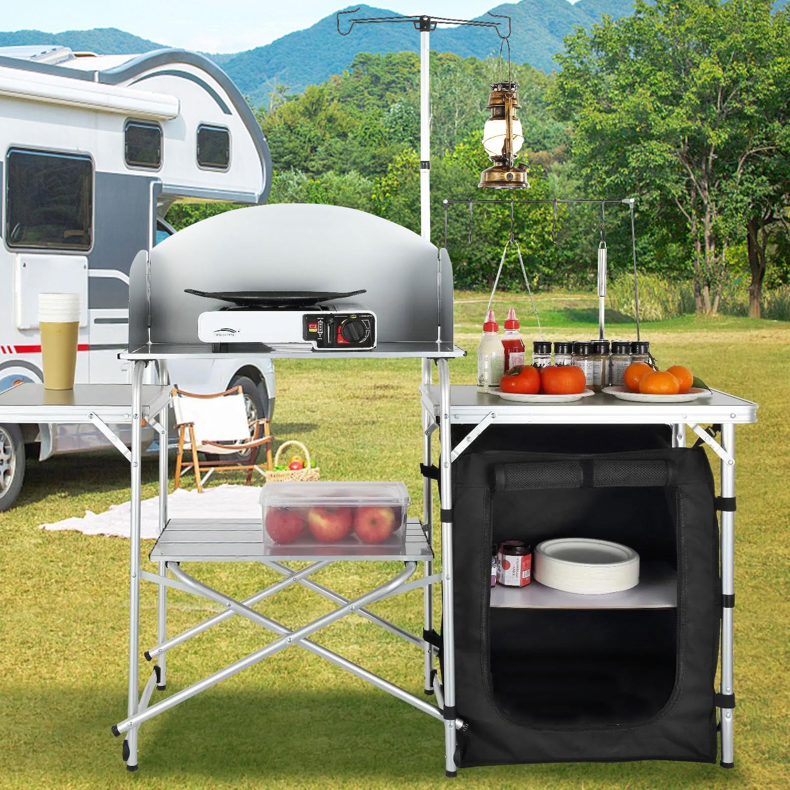 VEVOR Campingküche Outdoor Faltbar 78 x 49 x 13 cm, Alu Campingschrank, Camping Küche mit Windschutz, Campingmöbel Reiseküche inkl. Haken & Lampenmast 66-121 cm, Küchenschrank Campingtisch Reisen