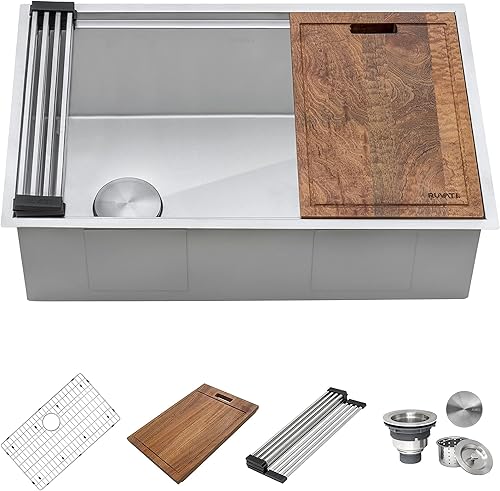 Ruvati - RVH8570 - Fregadero de cocina calibre 16 de 27in con estación de trabajo, drenaje desplazado y superficie inferior inclinada