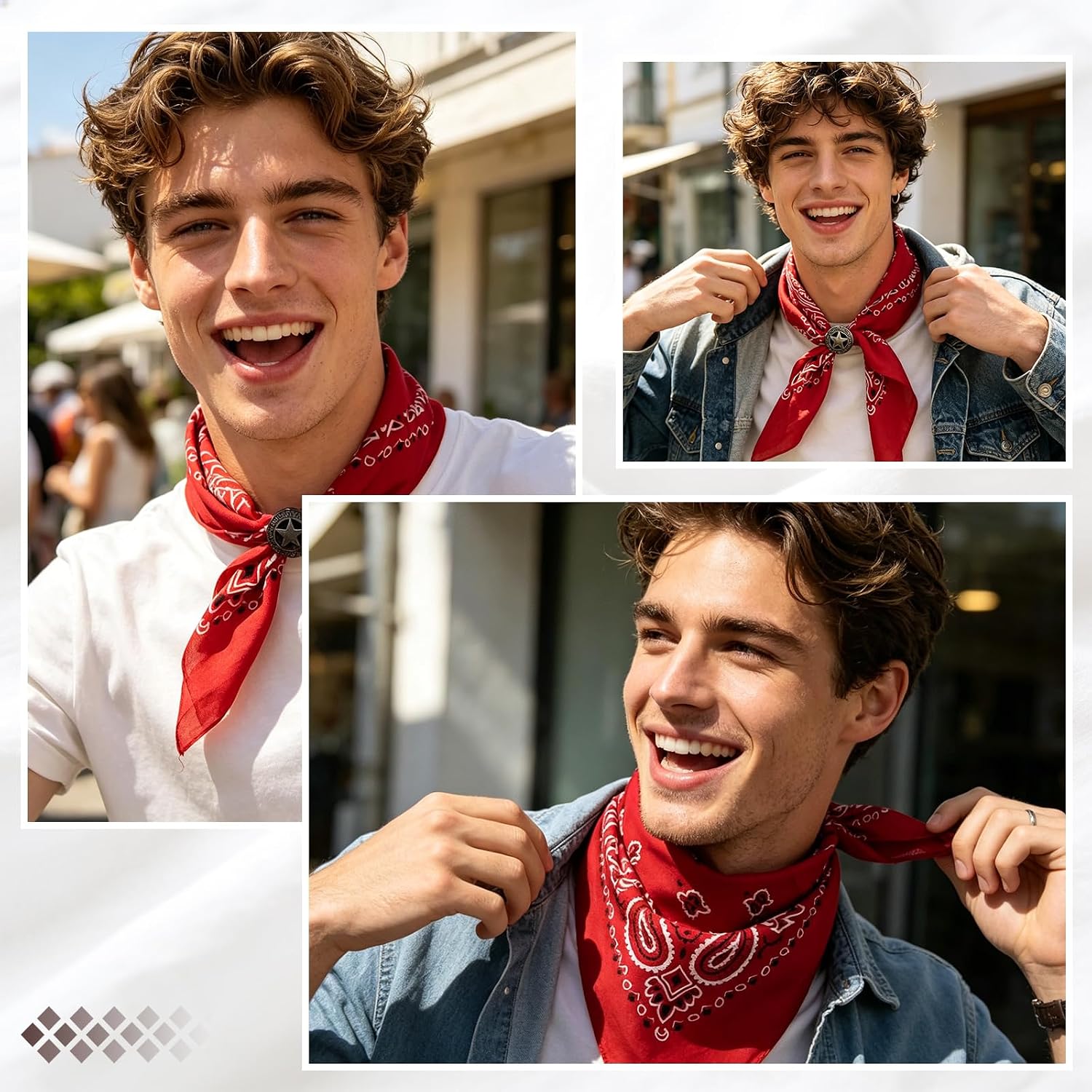Western Bandana Scarf with Star Ring Buckle, Paisley Pattern Neck Head Wear Cowboy Square Scarf for Men Women