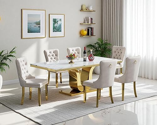 Miniatura 92 de Juego de mesa de comedor de mármol sintético, 7 piezas, juego de mesa de cocina y comedor para 6, mesa de comedor rectangular blanca de 70 pulgadas