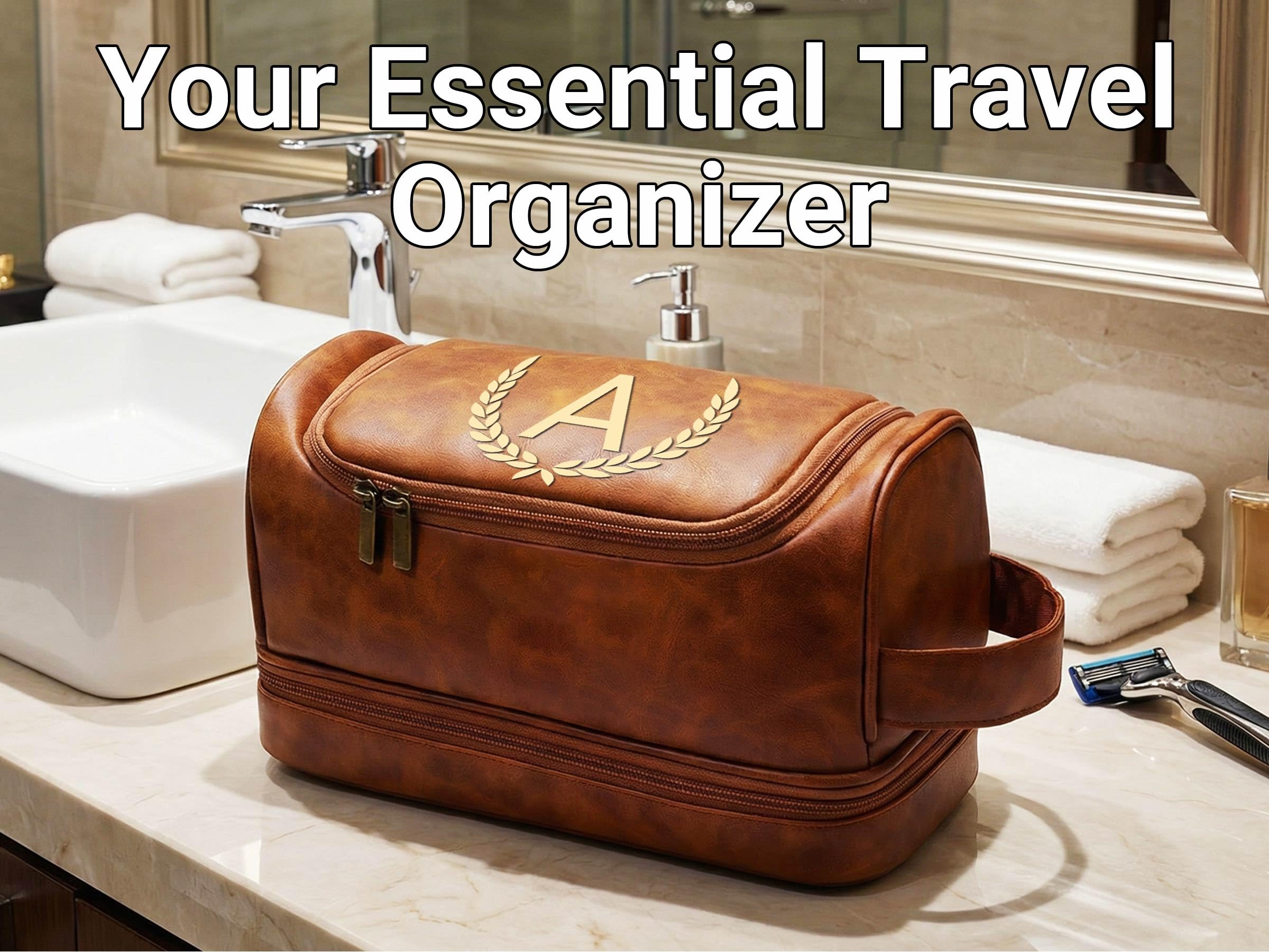 OXYEFEI Neceser personalizado para hombres, regalos personalizados para hombres para marido y papá, piel sintética con monograma personalizado, impermeable, artículos de aseo para hombre, kit esencial