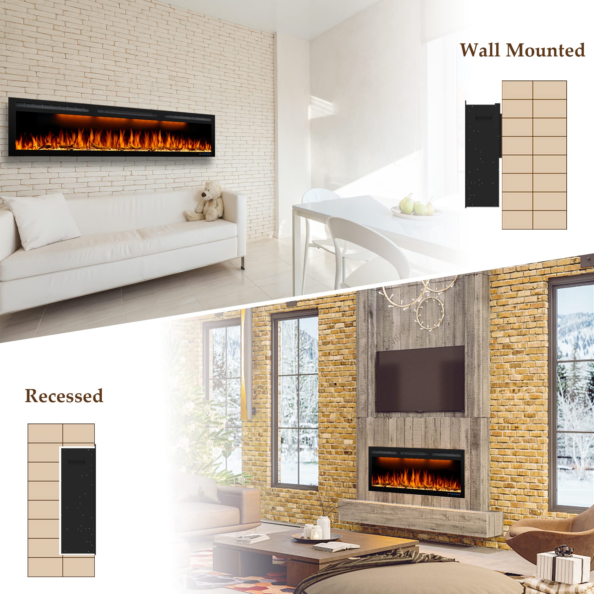 Comparison image showing the electric fireplace installed as wall-mounted and recessed.