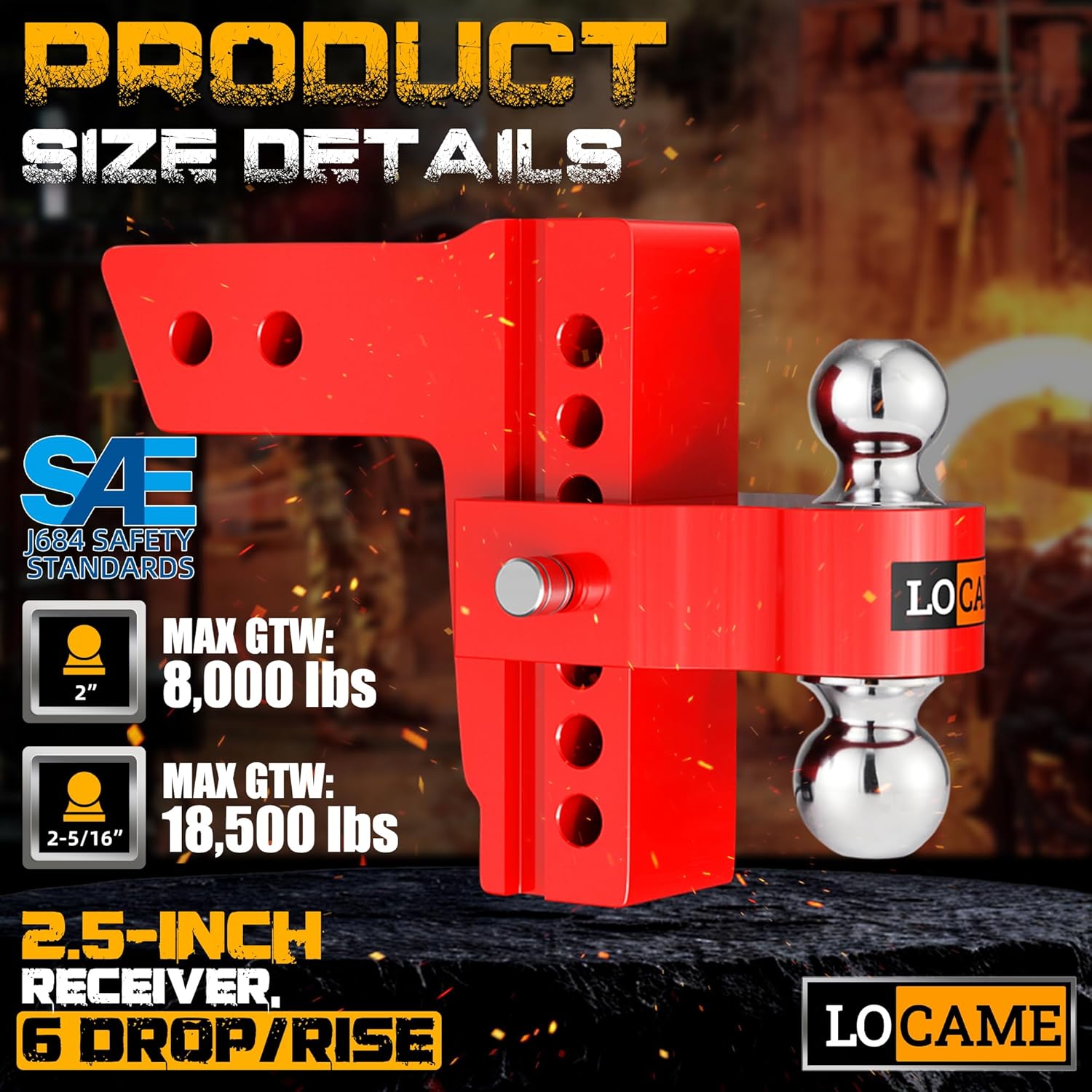 LOCAME Adjustable Trailer Hitch, Fits 2.5-Inch Receiver Only, 6-Inch Drop/Rise Aluminum Drop Hitch,18,500 LBS GTW-Tow Hitch for Heavy Duty Truck with Double Stainless Steel Locks, Red