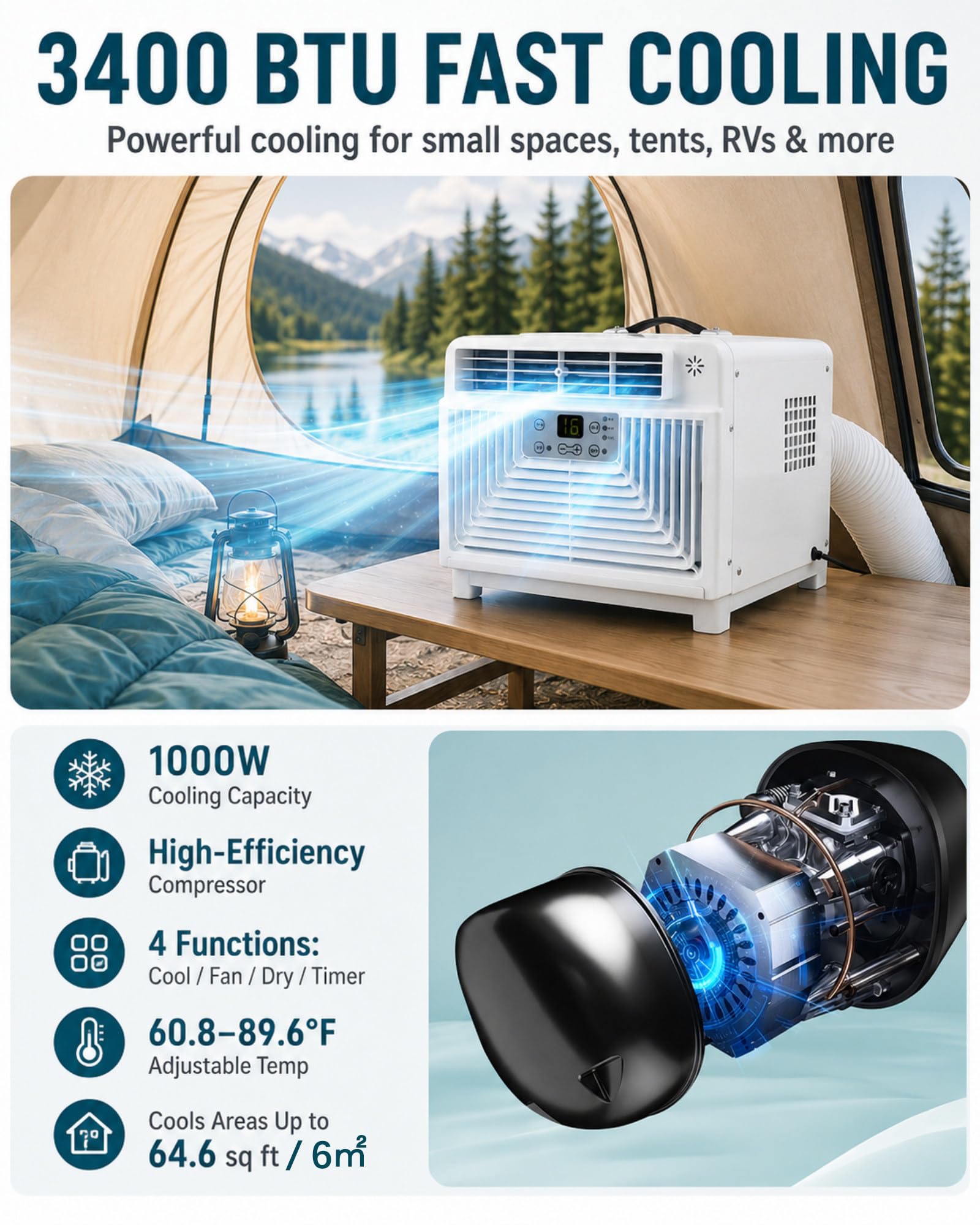 Aire Acondicionado Portátil con Tubo, Aire Acondicionado Portátil Oficina Dormitorio Mascotas, 4 Modos Frío Deshumidificador Ventilador 110V