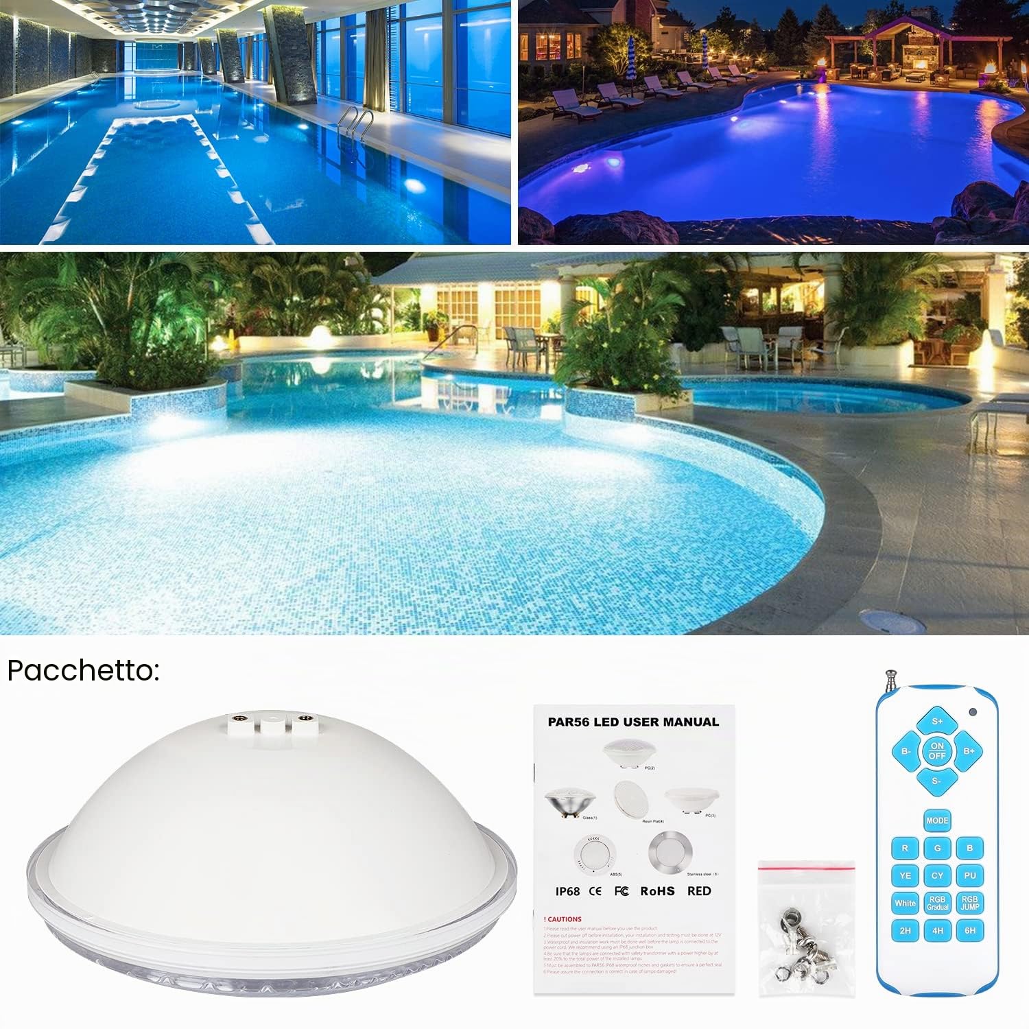 36W RGB Luci Piscina, LED Par56, Fari LED, IP68 Impermeabile, 12V AC/DC Pool Light (1 Lampada), Con Telecomando Con Timer (Équivalent 300W Lampada Alogena)
