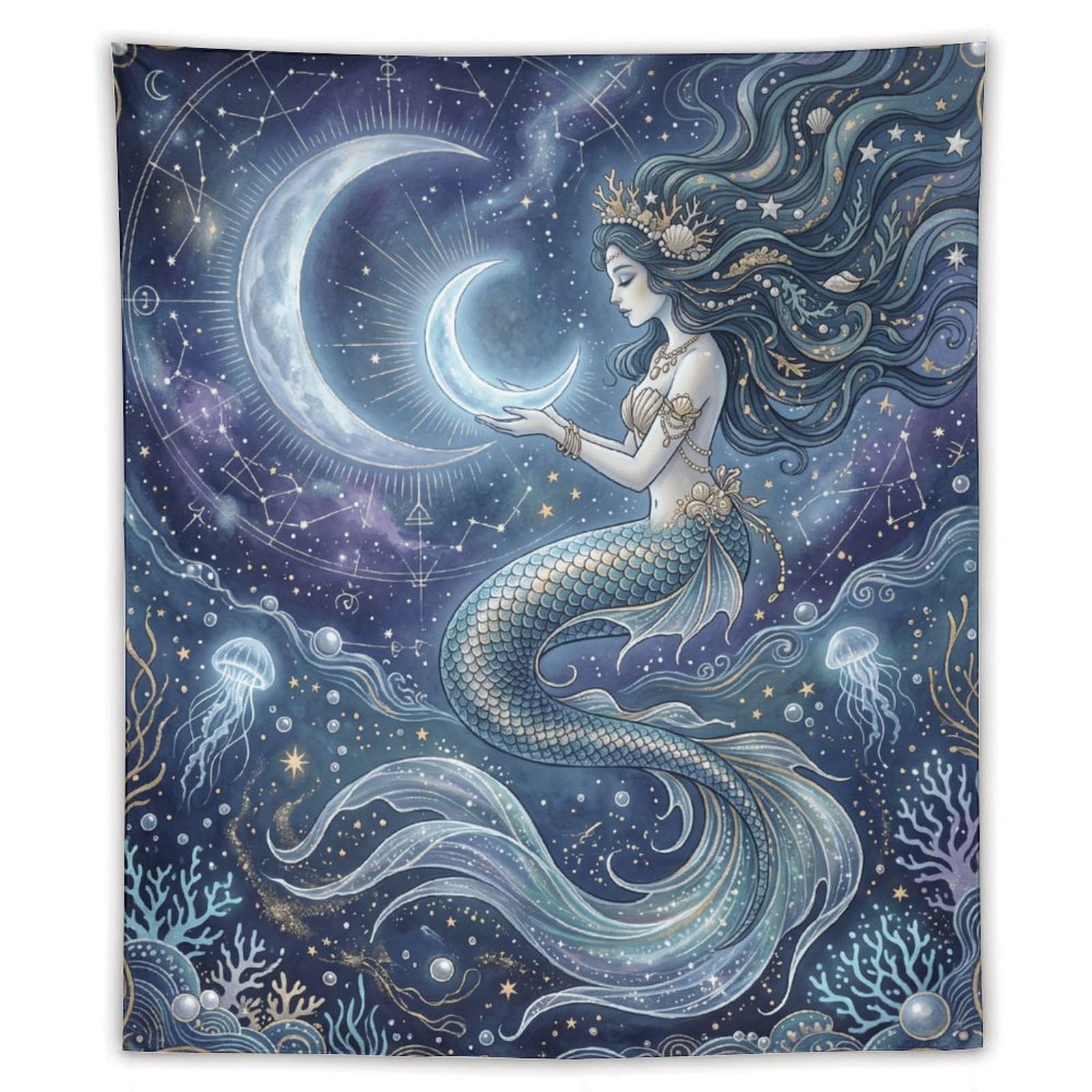 H3B8U2Y5 Crescent Moon Mermaid Wall Tapestry, Surrealist, Starry Sea