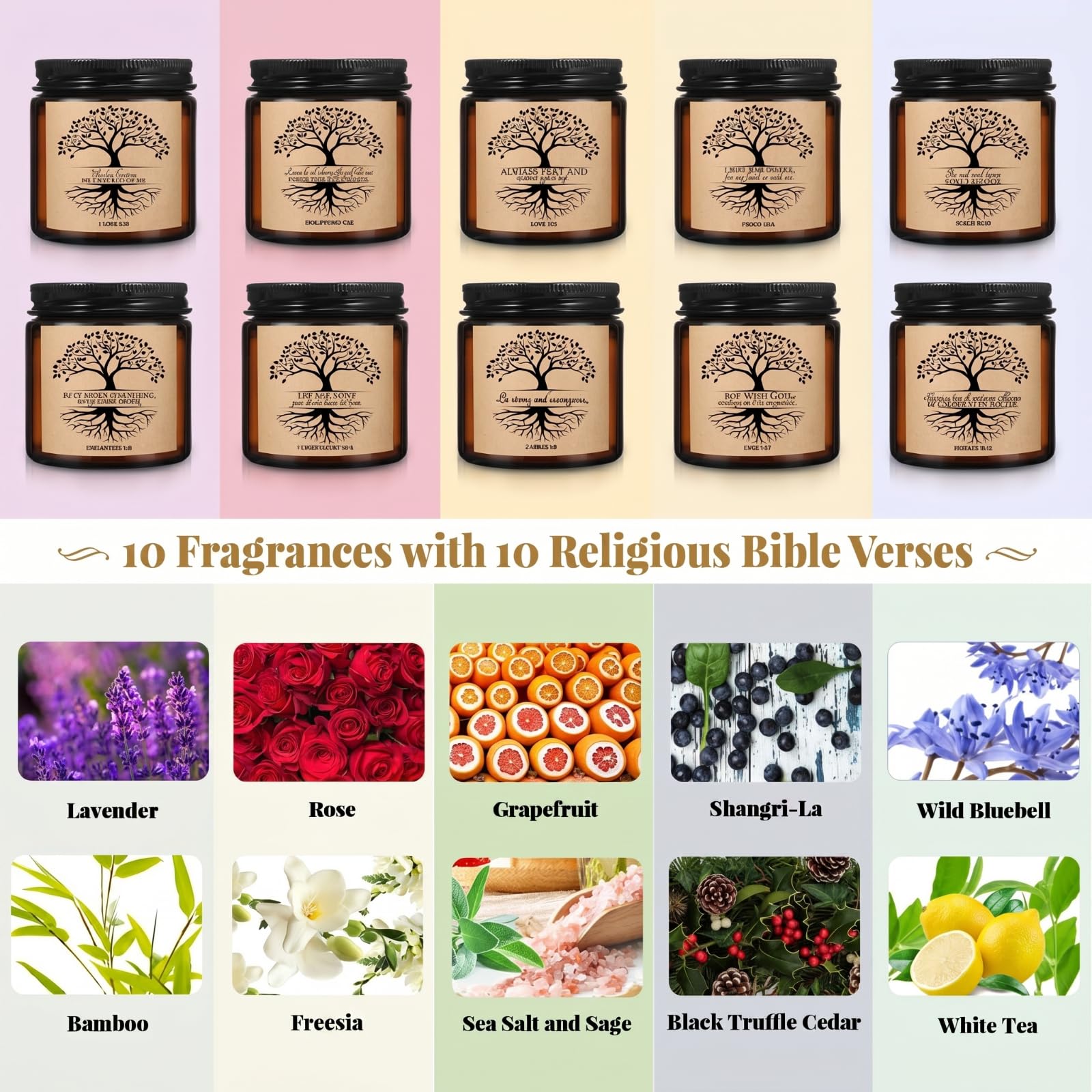 Juego de 10 tarros de velas aromáticas religiosas cristianas, regalo a granel para mujeres, 3.5 onzas, versículos católicos de la Biblia, regalo para la iglesia, regalo para el día de la madre,