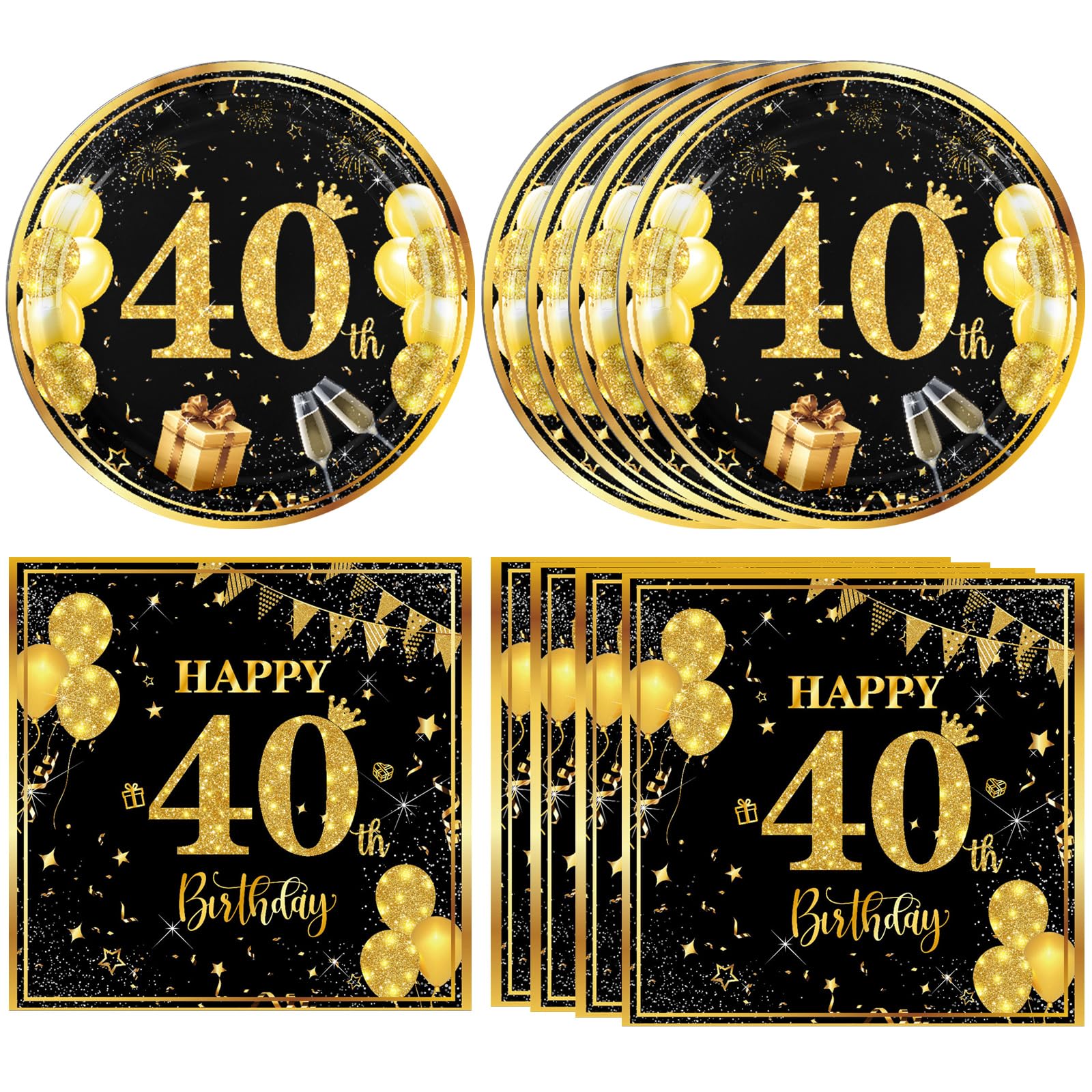 40 PCS 40th Birthday Party Decorations Black and Gold 40th Birthday Plates and Napkins Set Cheers to 40 Years Decorations ...
