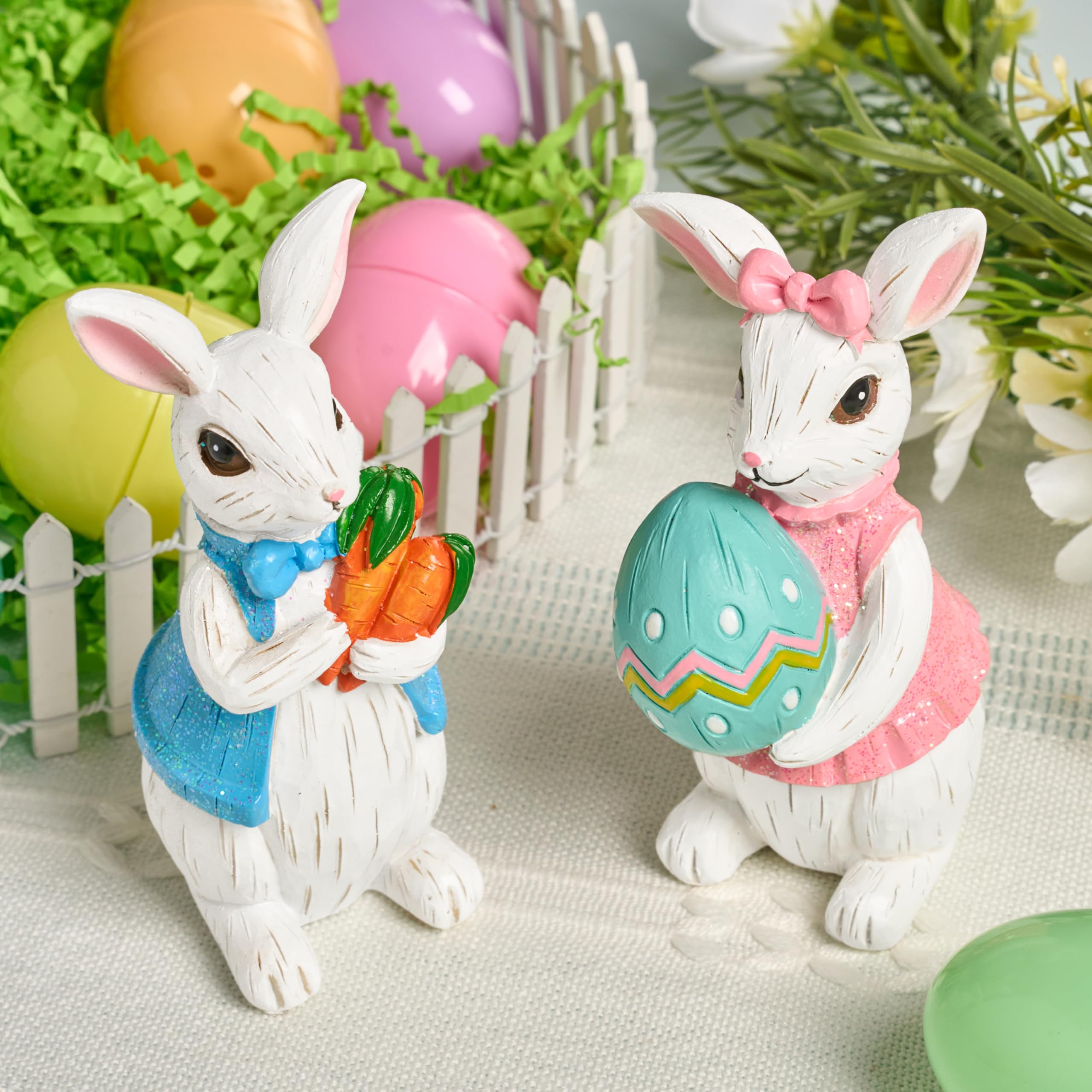 JOYIN Osterhasen-Dekoration, Osterdekoration für den Innenbereich, Frühlingsdekoration für Zuhause, Kaninchen, Eierfigur für Zuhause und Büro, 2 Stück