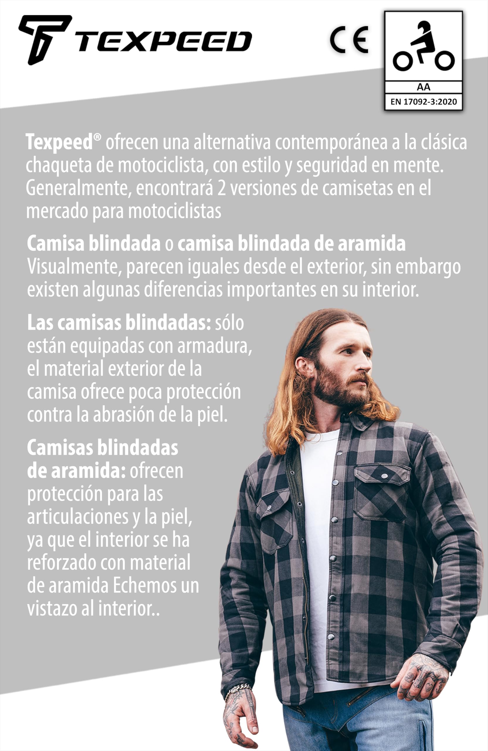 Texpeed Camisa moto hombre protecciones - Chaqueta de cuadros de motociclista fabricada con Aramid 280 g/m2 con armadura de protección (EN 1621-1) Gris - L