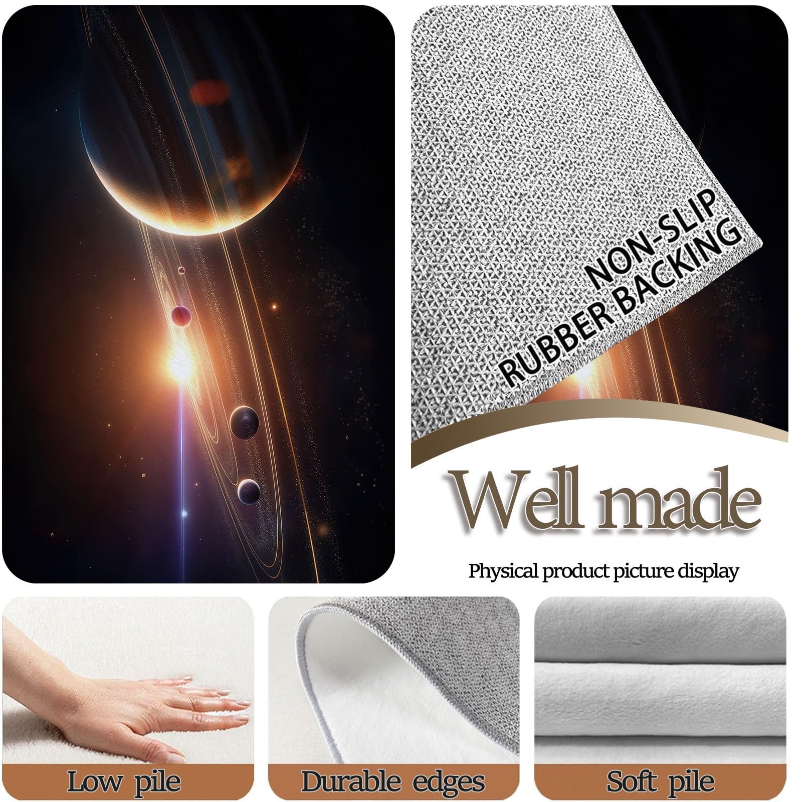 Waschbar Teppich Wohnzimmer 140 x 200 cm, Rutschfester Schwarz Wohnzimmerteppich - Kurzflor Hyperrealismus Sonnensystem Filmisch Planeten Teppiche Matte für Schlafzimmer Esszimmer Office Kinderzimmer