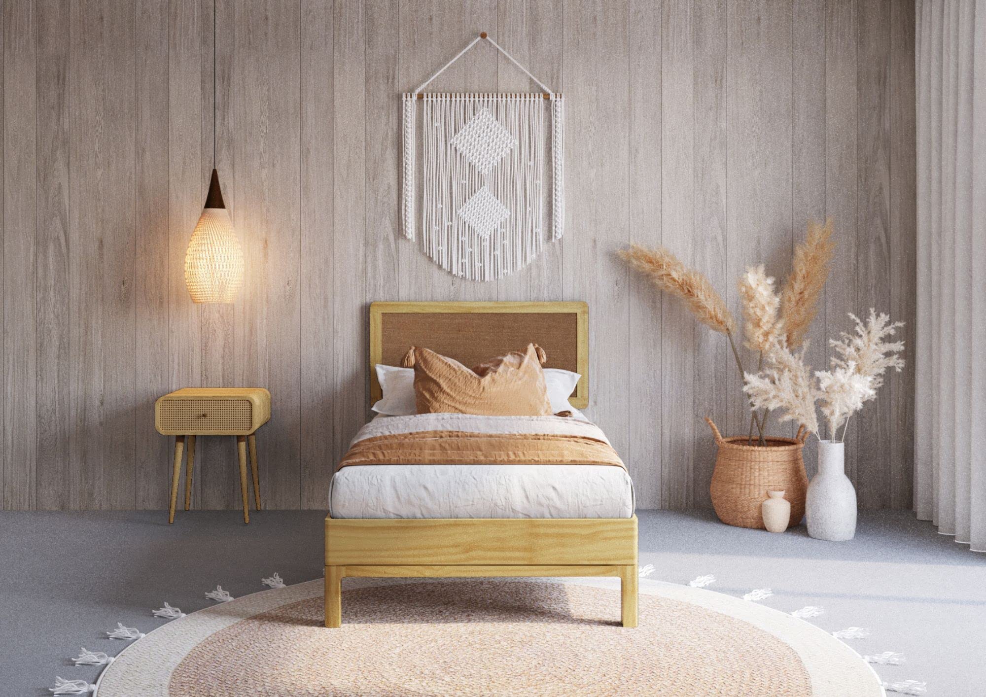 Bme Nipe 14 Inch Deluxe Bed Frame with Adjustable Headboard - Rustic & Bohemian Unique Style with Acacia Wood - No Box Spring Needed - 12 Strong Wood Slat Support - Easy Assembly - Twin, Natural