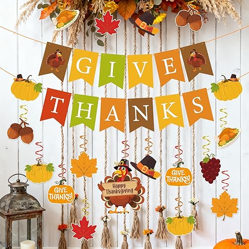 Miniatura 4 de Decoraciones de Acción de Gracias, pancarta de agradecimiento y hojas de arce de calabaza, decoración de remolinos colgantes, decoraciones de fiesta