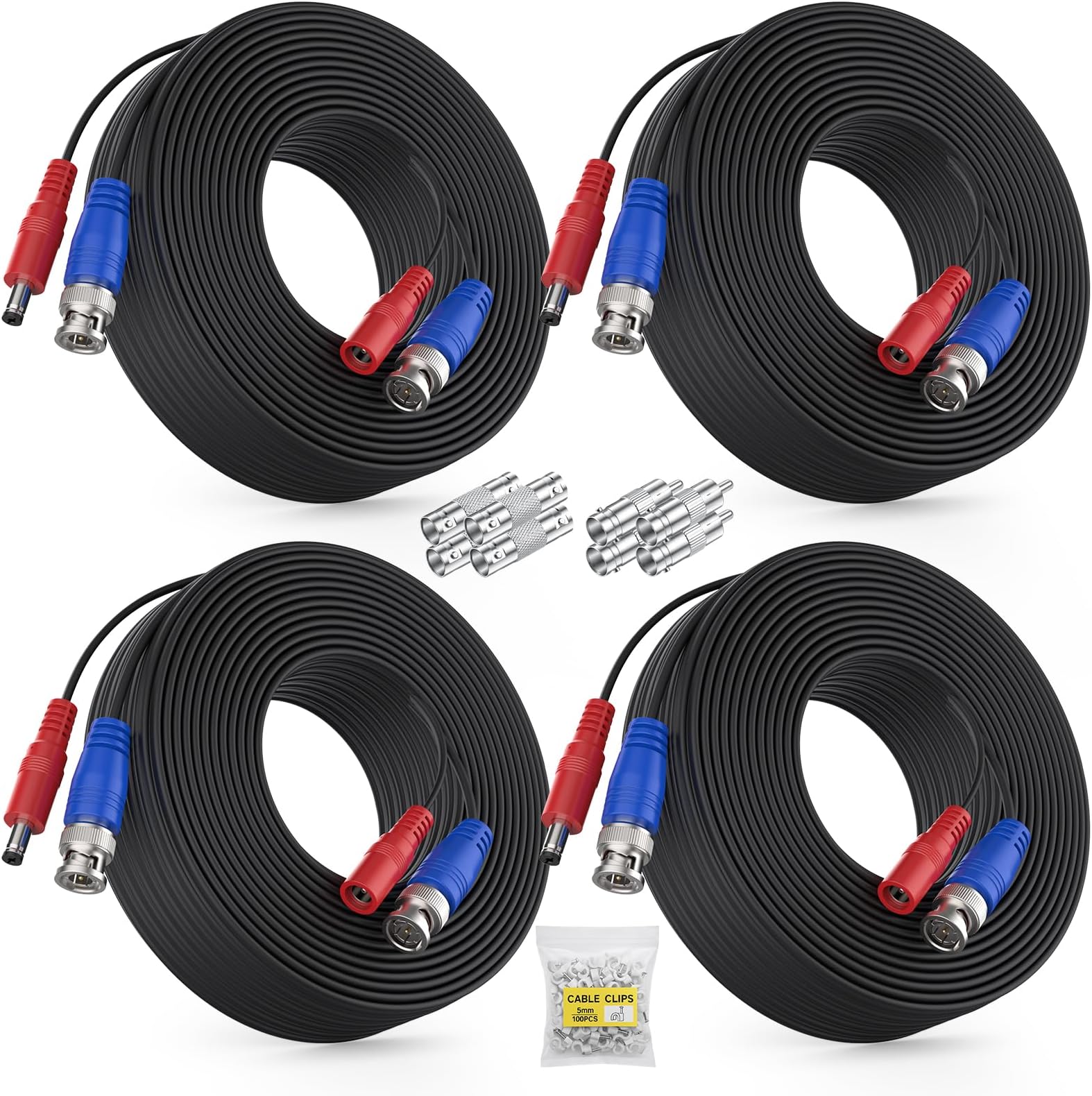4 Pack 30M/100ft All-in-One Video Power Cables, BNC Extension Surveillance Camera Cables for CCTV Security DVR System Installation, Free 8 x BNC Connectors and 100pcs Cable Clips Included