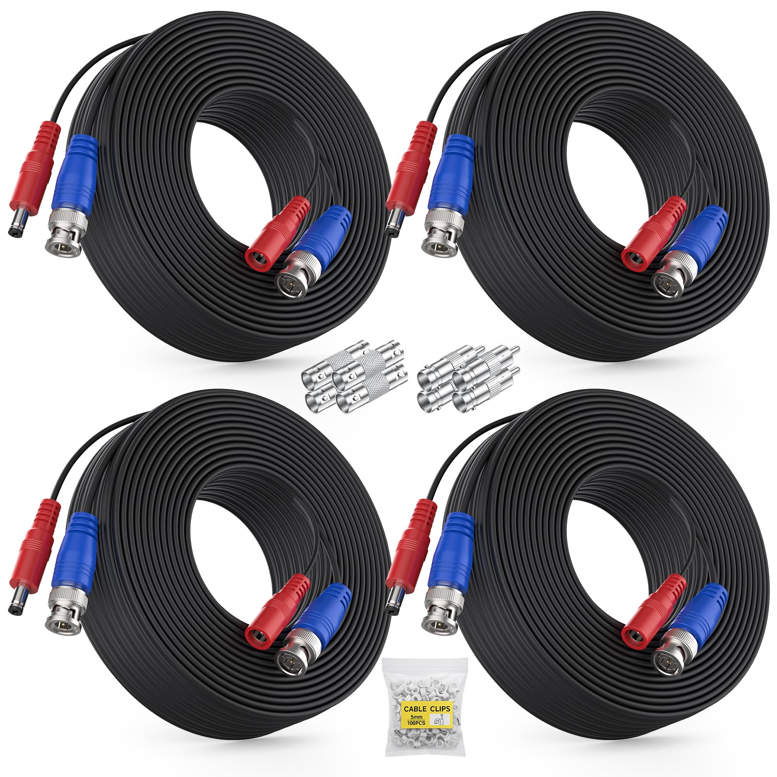 ANNKE 4 Pack 30M/100ft All-in-One Video Power Cables, BNC Extension Surveillance Camera Cables for CCTV Security DVR System Installation, Free 8 x BNC Connectors and 100pcs Cable Clips Included