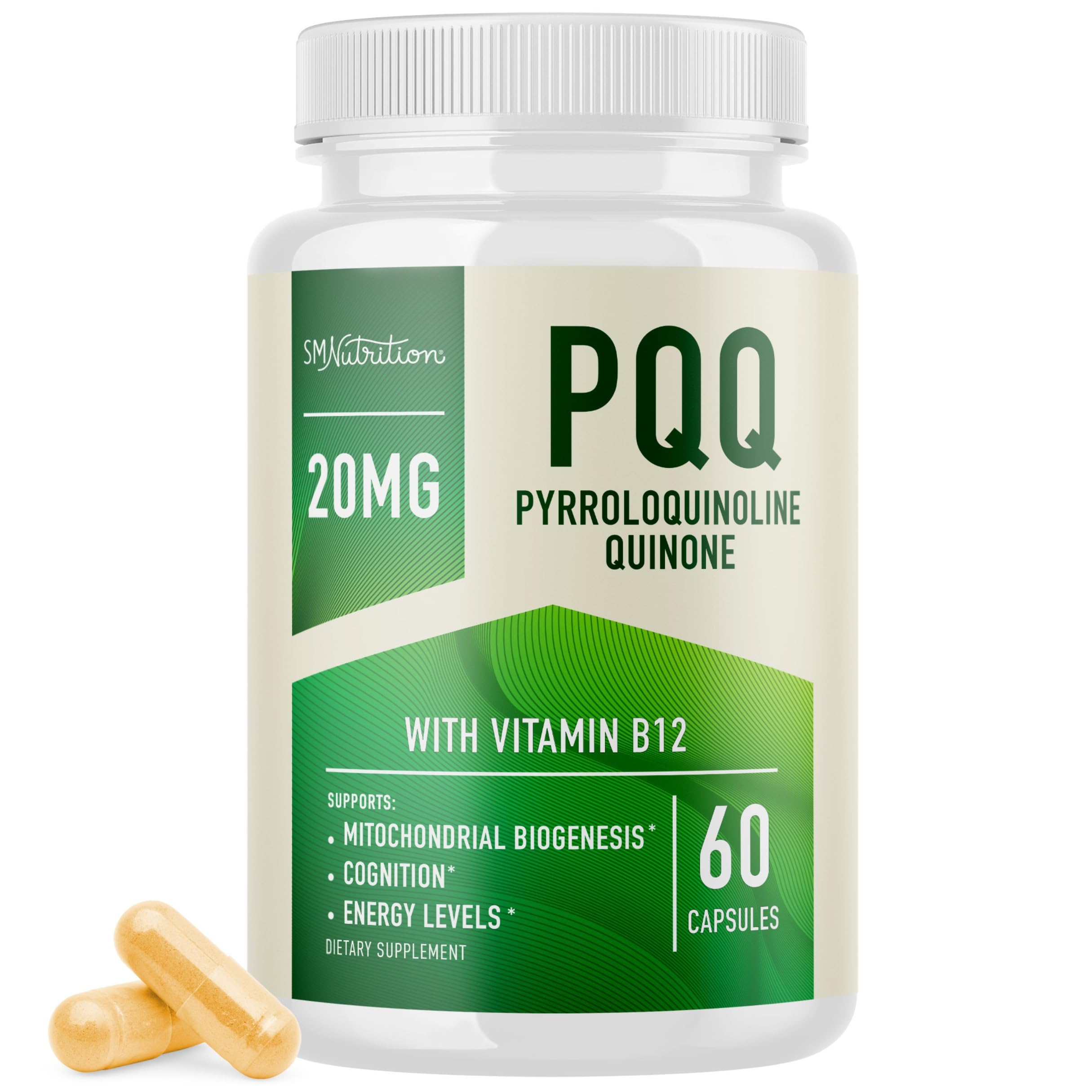 PQQ Supplement 20mg | Mitochondrial Biogenesis & Energy Optimizer With CoQ10 & Vitamin B12 | Supports Brain Health & Mitochondria Production | Ultra PQQ Formula | Vegan, Gluten-Free | 60 Capsules