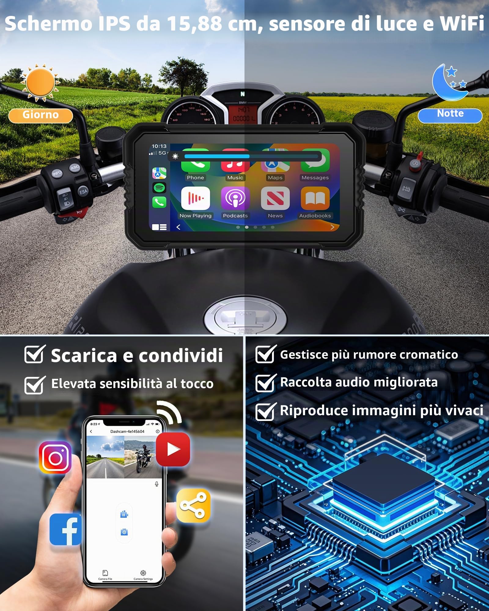 4K Carplay Moto Android Auto Motociclett acon Dashcam, 6,25 Pollici Carplay moto Schermo Navigatore Moto GPS Dashcam IP67 Impermeabile Touchscreen Bluetooth 64G TF