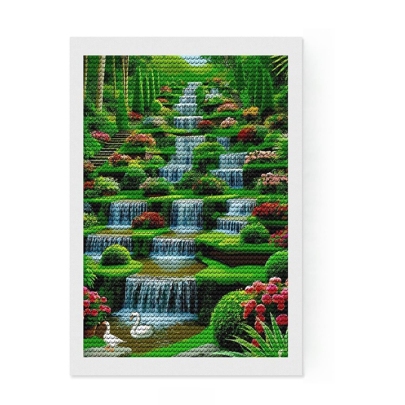 Junmoney Cascading Waterfall Garden with Swans Diamond Painting Set 8"x12", Enjoyable At-Home Hobby, Relaxing DIY Hobby, Modern Decor, Gift Idea, Easy to Enjoy