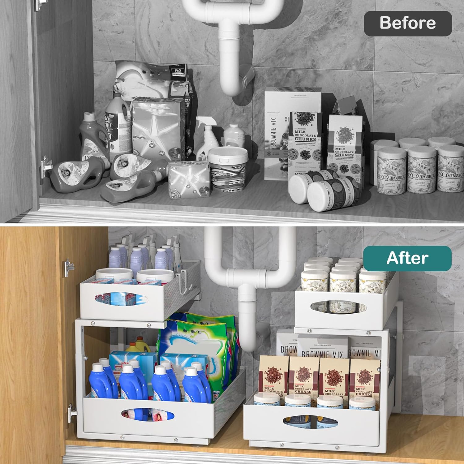 Housolution 2 Pack Large Under Sink Organizer, 2 Tier Metal Pull Out Under Sink Storage with Sliding Mesh Drawers, Height Adjustable Slide Out Under Cabinet Organizer for Kitchen Bathroom, White