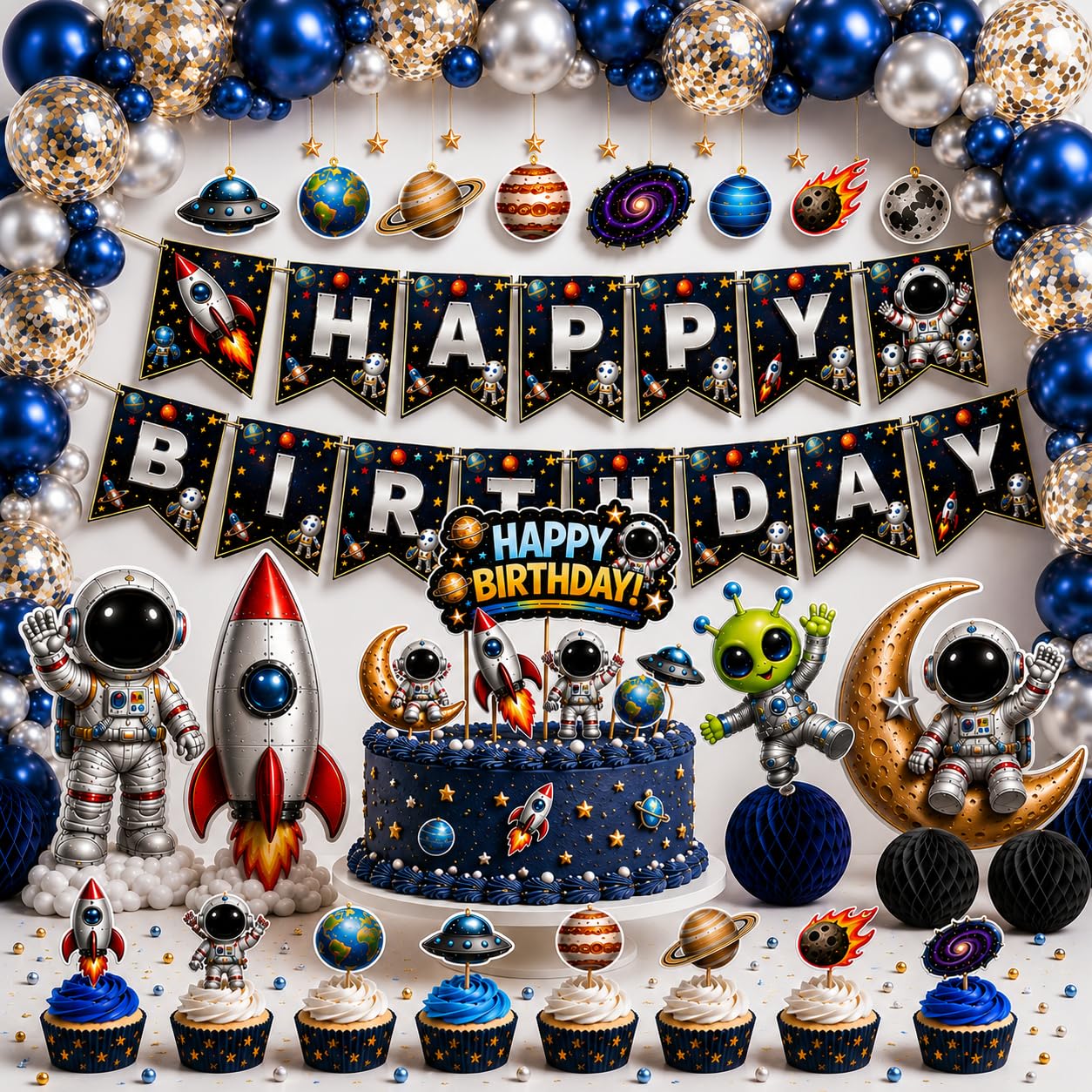 Party Town® Space Birthday Decorations for Boys, 90 PCS Astronaut Birthday Decoration Kit with Happy Birthday Paper Banner, 65 Balloons, Cake Topper, Cupcake Toppers & Space Cutouts-image-36