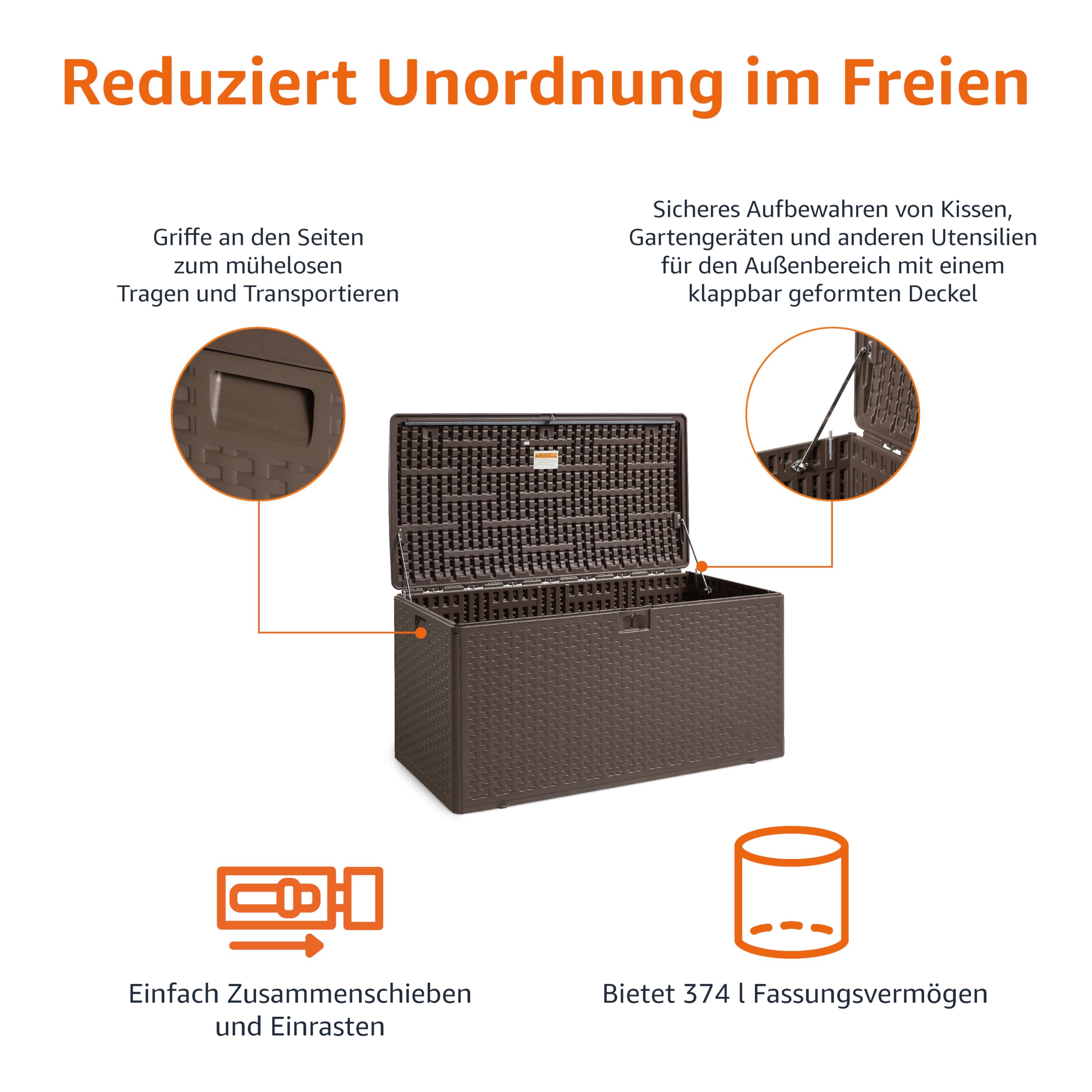 Amazon Basics Box zur Aufbewahrung und Organisation für den Außenbereich, Terrasse, 375 l, braun
