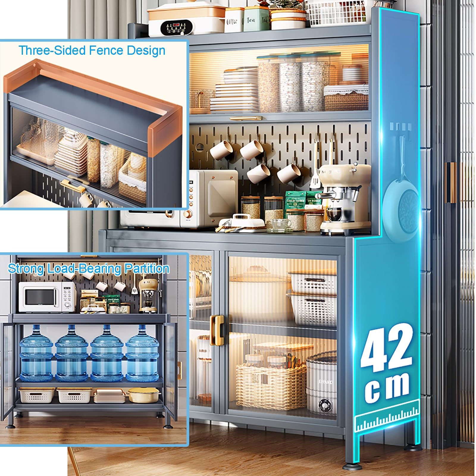 Scaffale da Cucina a 6 Ripiani con Supporto per Microonde, Cassetti Contenitori, Mobiletto, Tavolo da Caffè e Bar, Ganci e Mensole per Dispensa