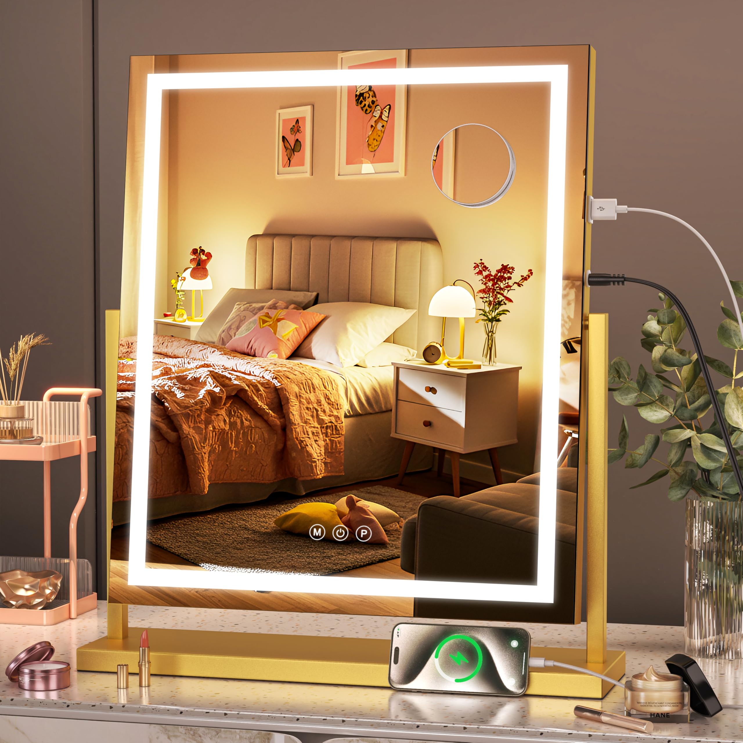 Hasipu Vanity Mirror with Lights, 17" x 22" LED Makeup Mirror, Light up Mirror with Smart Touch 3 Color Modes and Brightness Adjustment, 10X Magnifying Glass,360° Rotation (Gold)